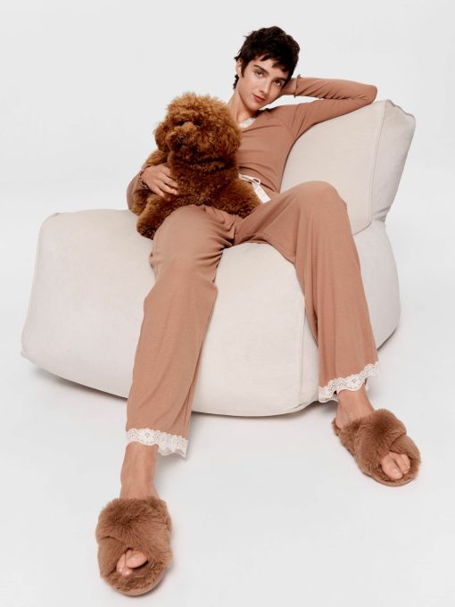 Brown Bamboo Rib Straight Leg Pj Pant Brown