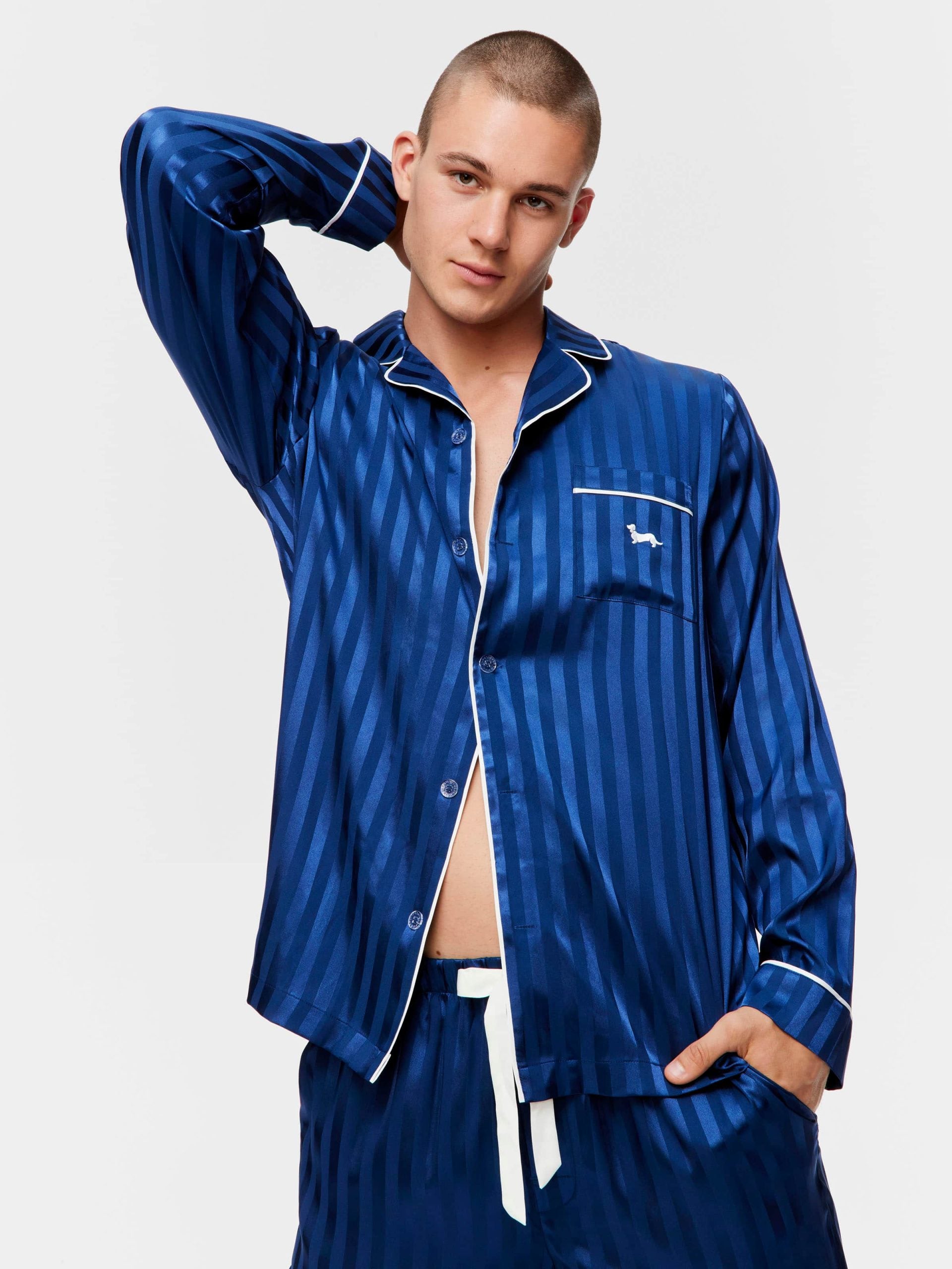 Navy Self Stripe Long Sleeve Satin Set navystripe