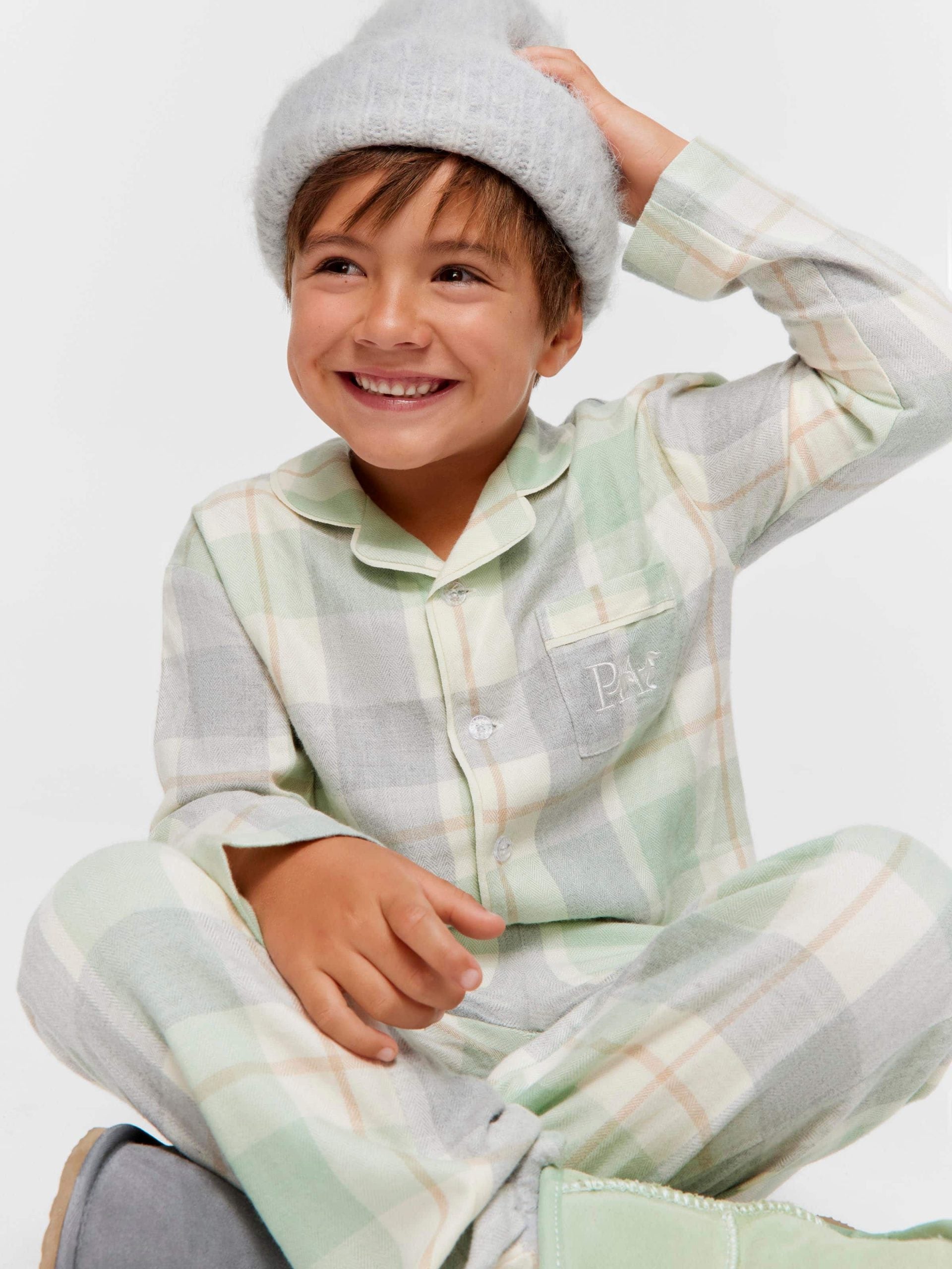 Jnr Kids Mint Check Bamboo Flannelette Classic Pj Set mint