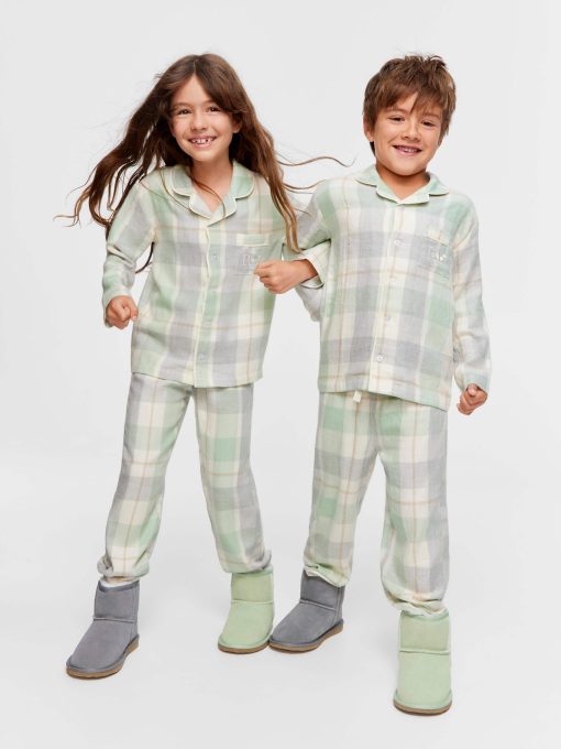 Jnr Kids Mint Check Bamboo Flannelette Classic Pj Set mint