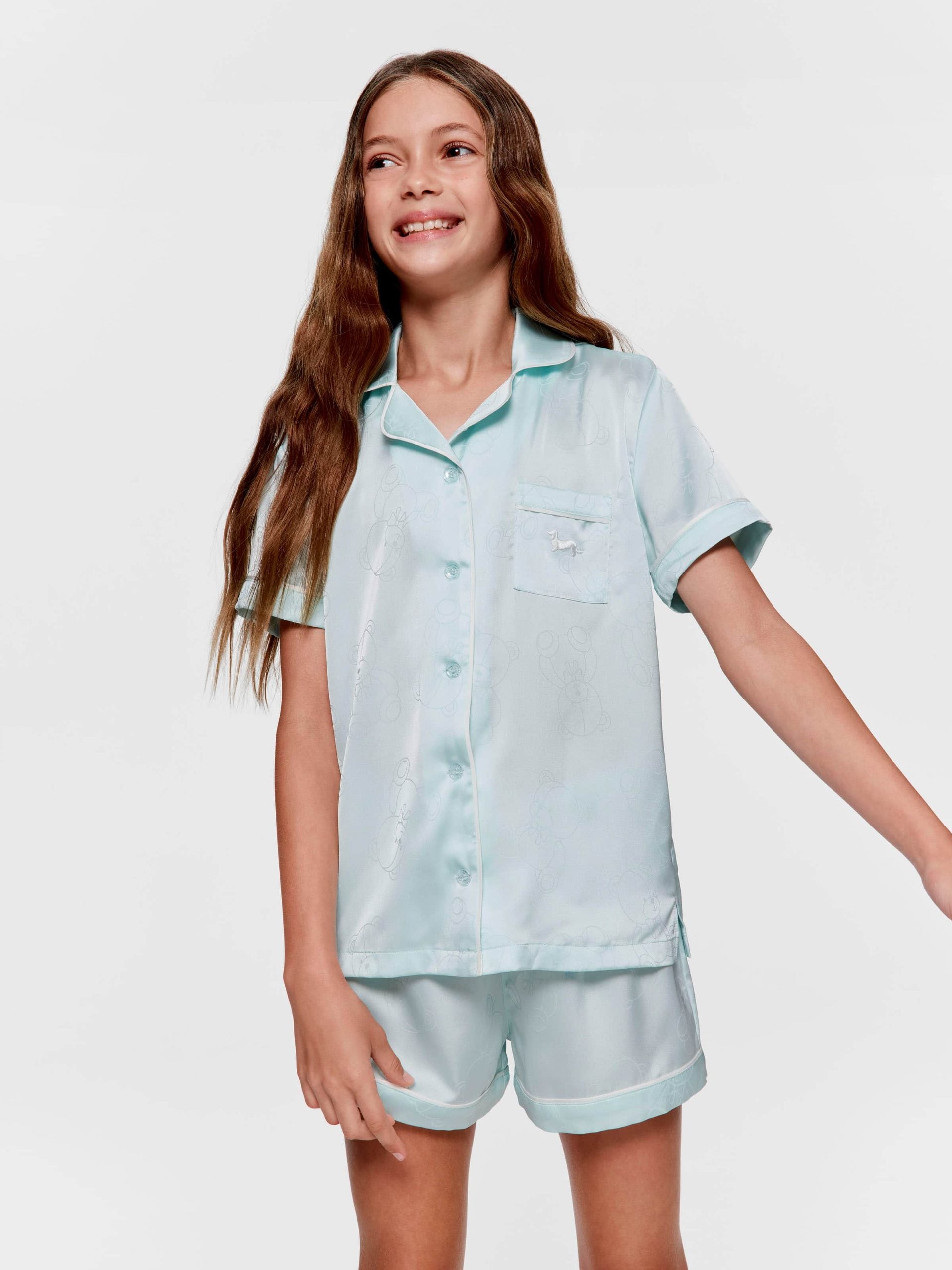 Girls Teddy Bear Satin Classic Shortie Pj Set mint