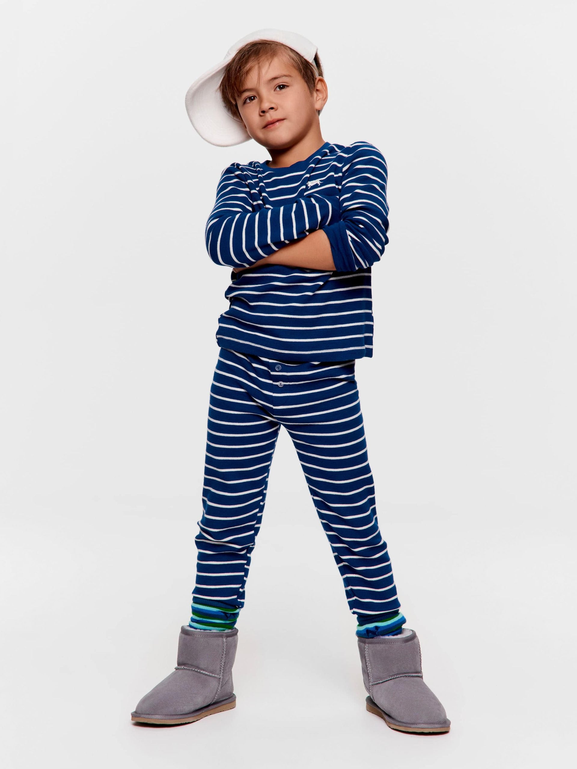 Jnr Boys Waffle Stripe Long Pj Set Navy