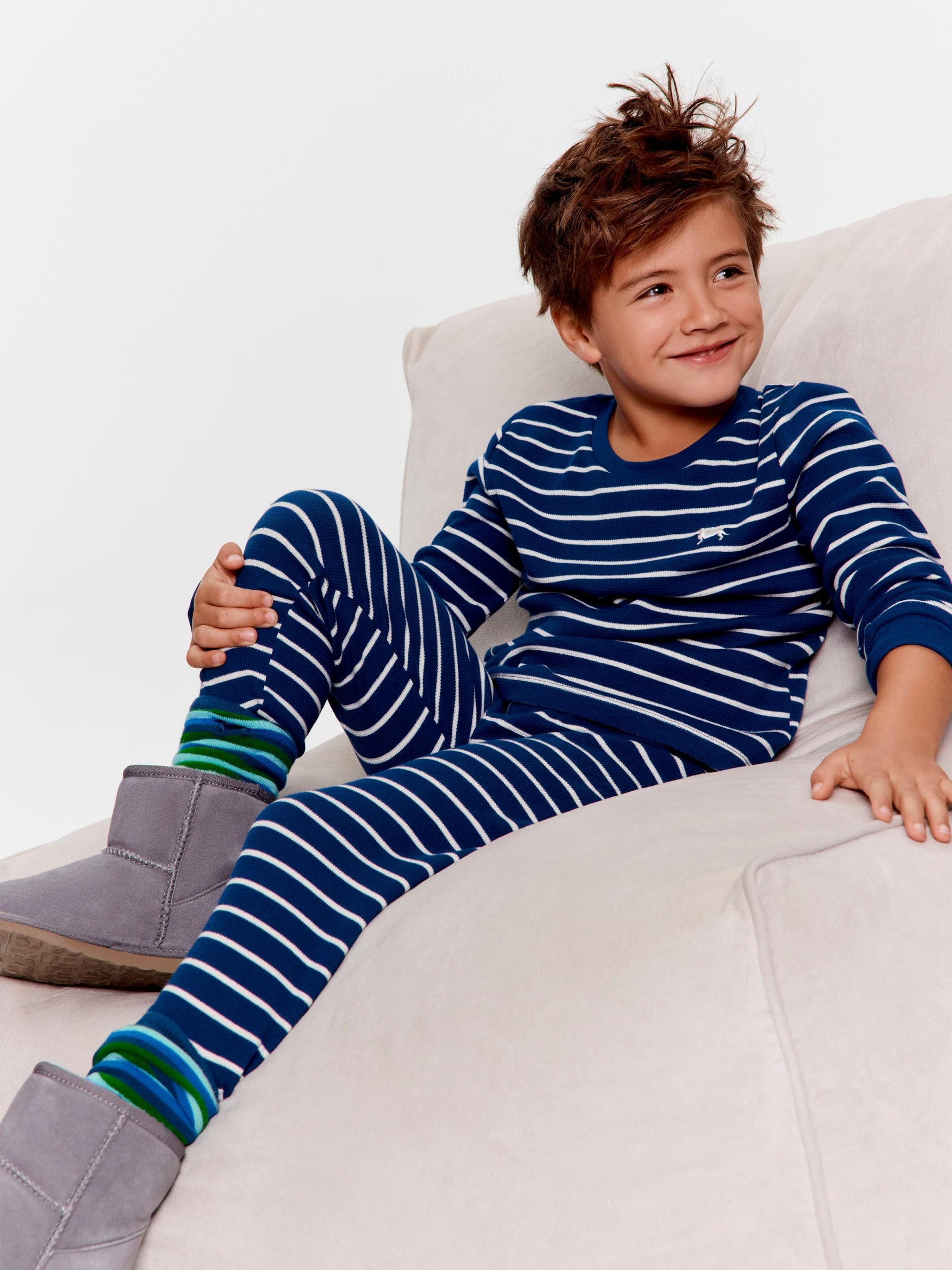 Jnr Boys Waffle Stripe Long Pj Set Navy