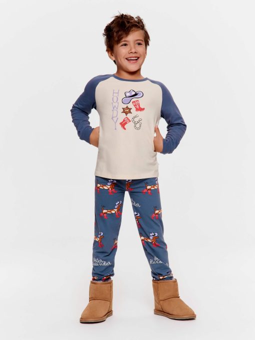 Jnr Boys Cowboy Penny Long Pj Set Blue