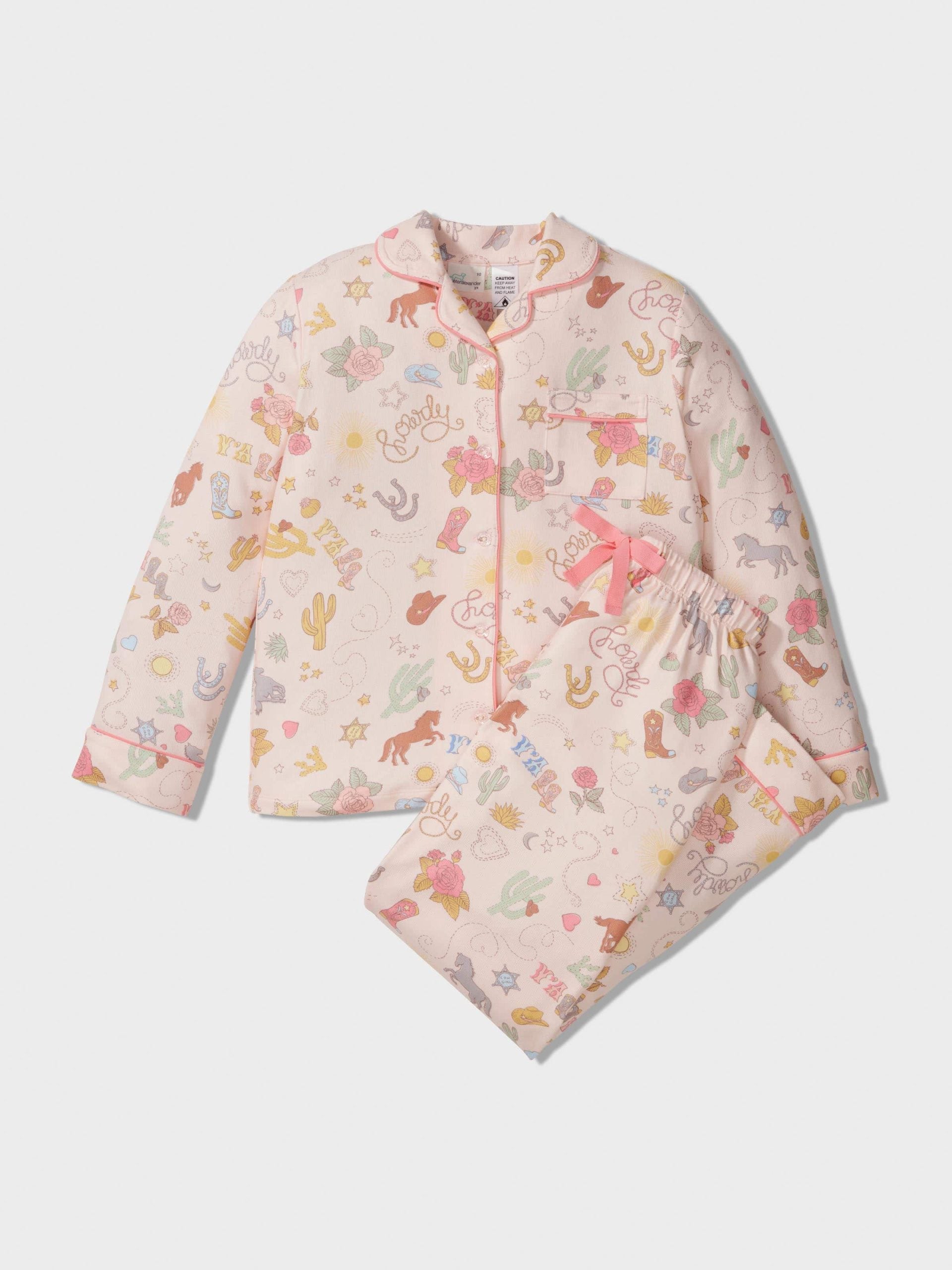 Girls Cowboy Print Long Plush Classic Pj Set Multi