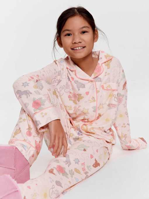 Girls Cowboy Print Long Plush Classic Pj Set Multi