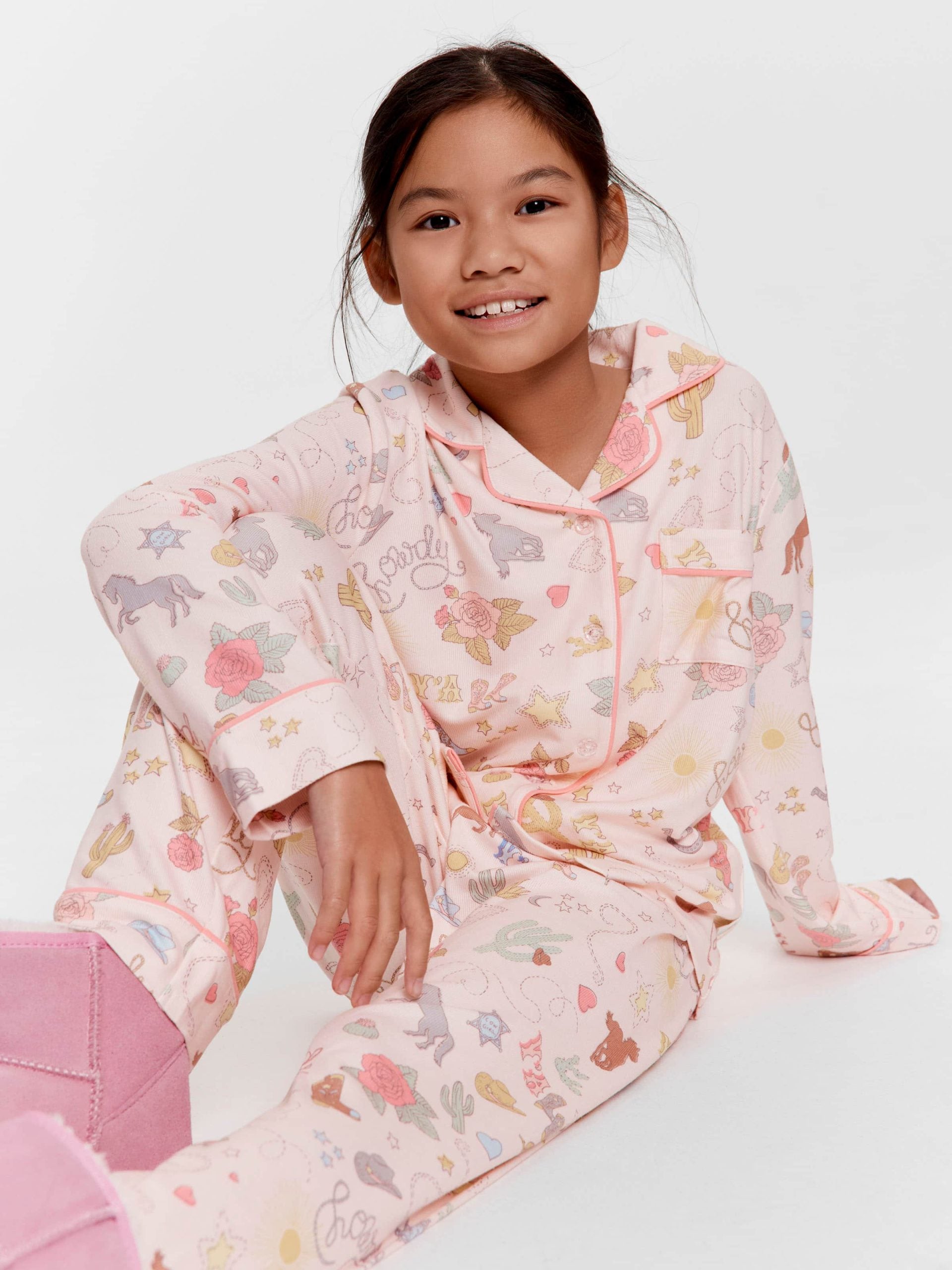 Girls Cowboy Print Long Plush Classic Pj Set Multi
