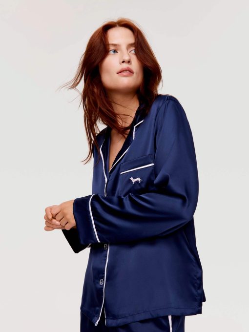 Tux Luxe Navy Satin Long Sleeve Shirt Navy
