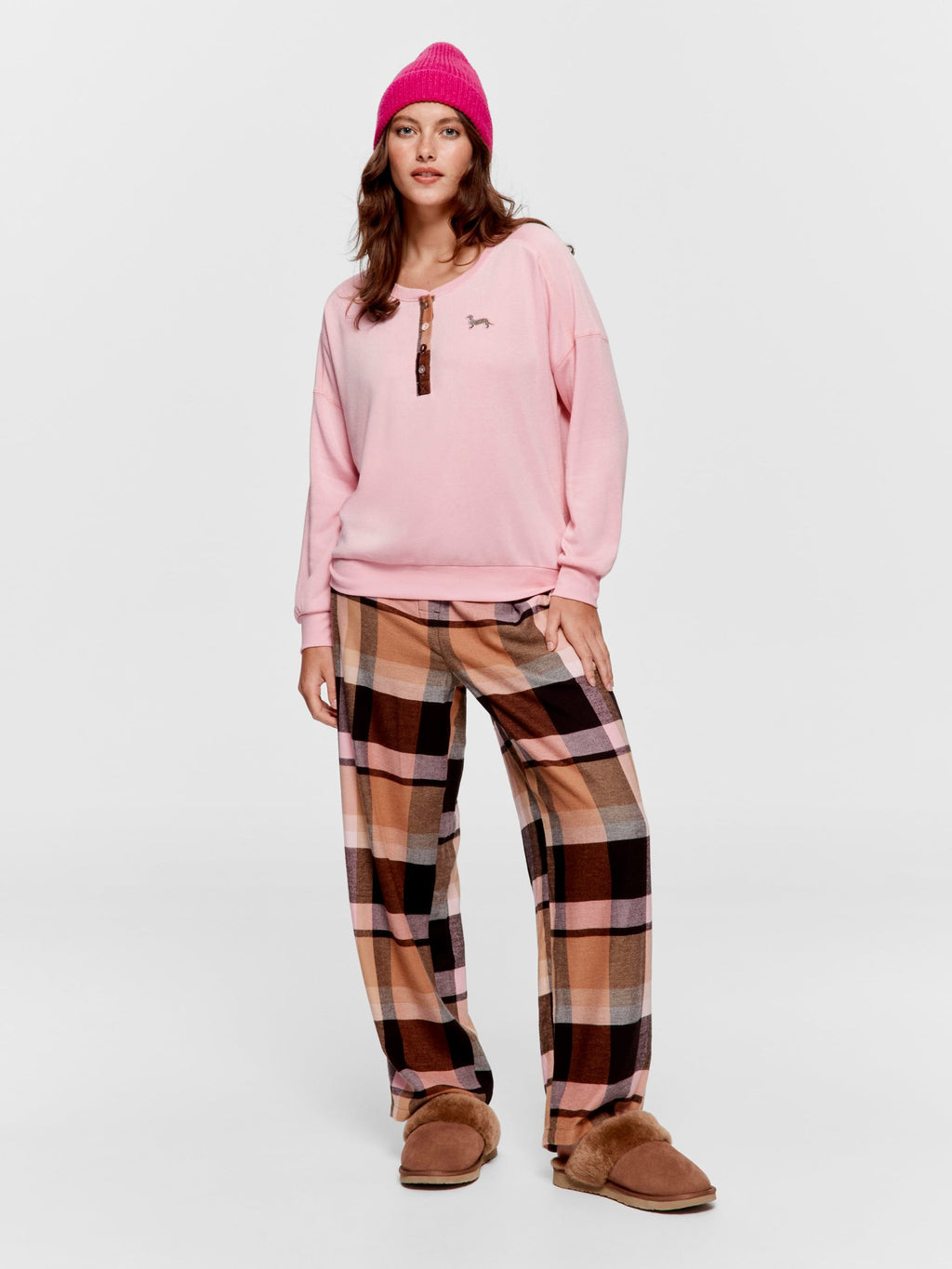 Check Henley Sweater pink