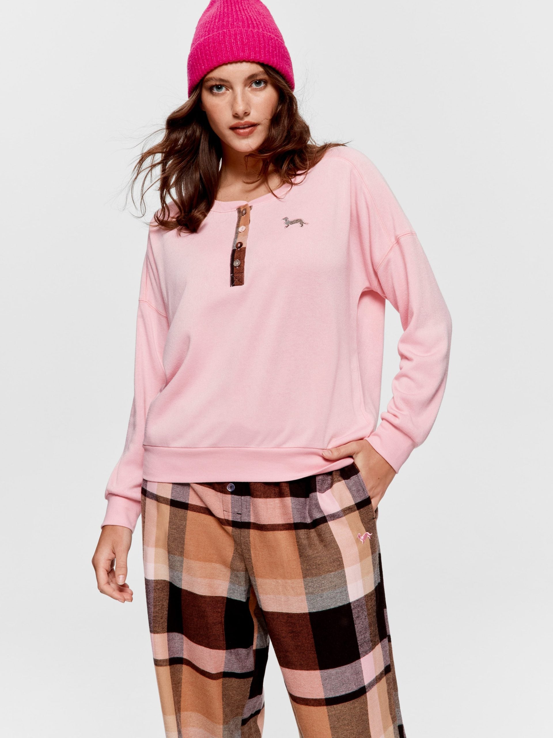 Check Henley Sweater pink