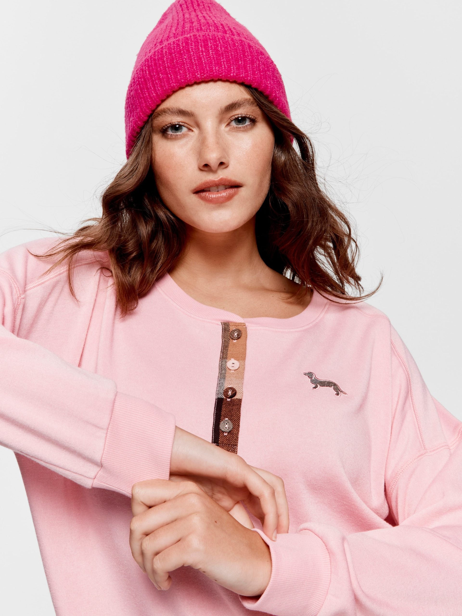 Check Henley Sweater pink