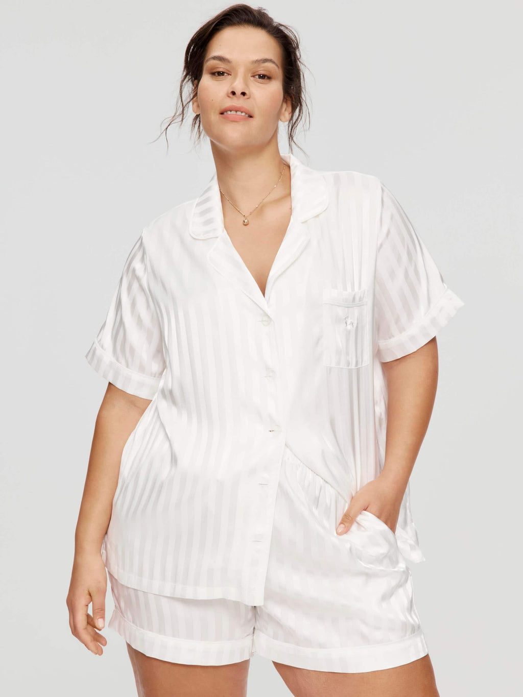 P.A. Plus White Stripe Chic Satin Pj Set White