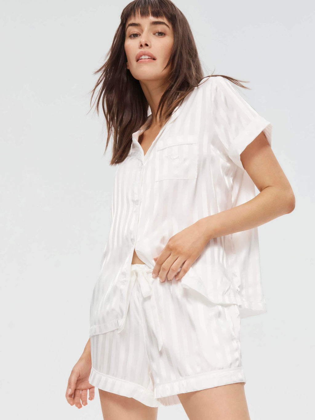 White Stripe Chic Satin Pj Set White