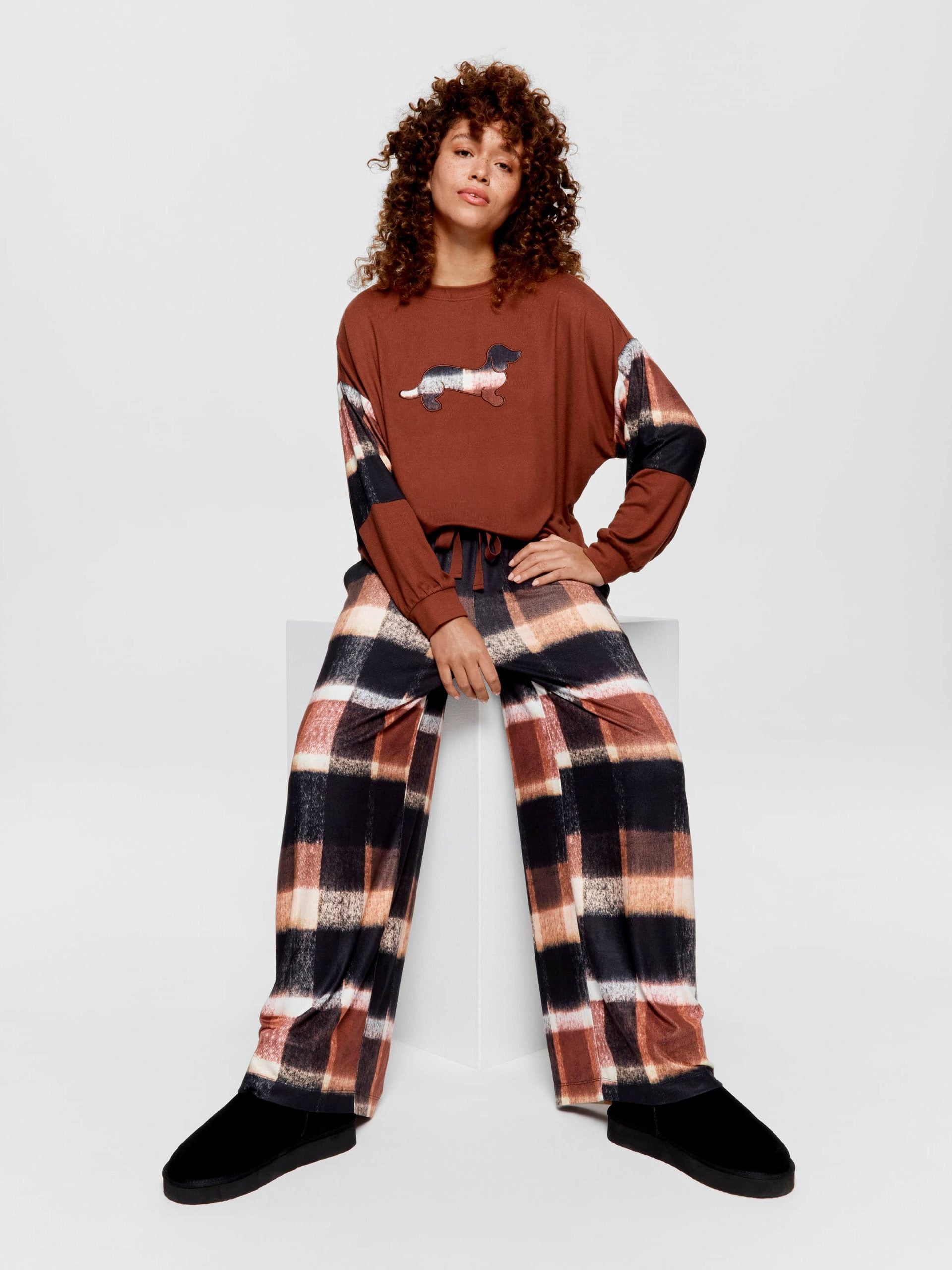 Brown Check Wide Leg Plush Pj Pant multi