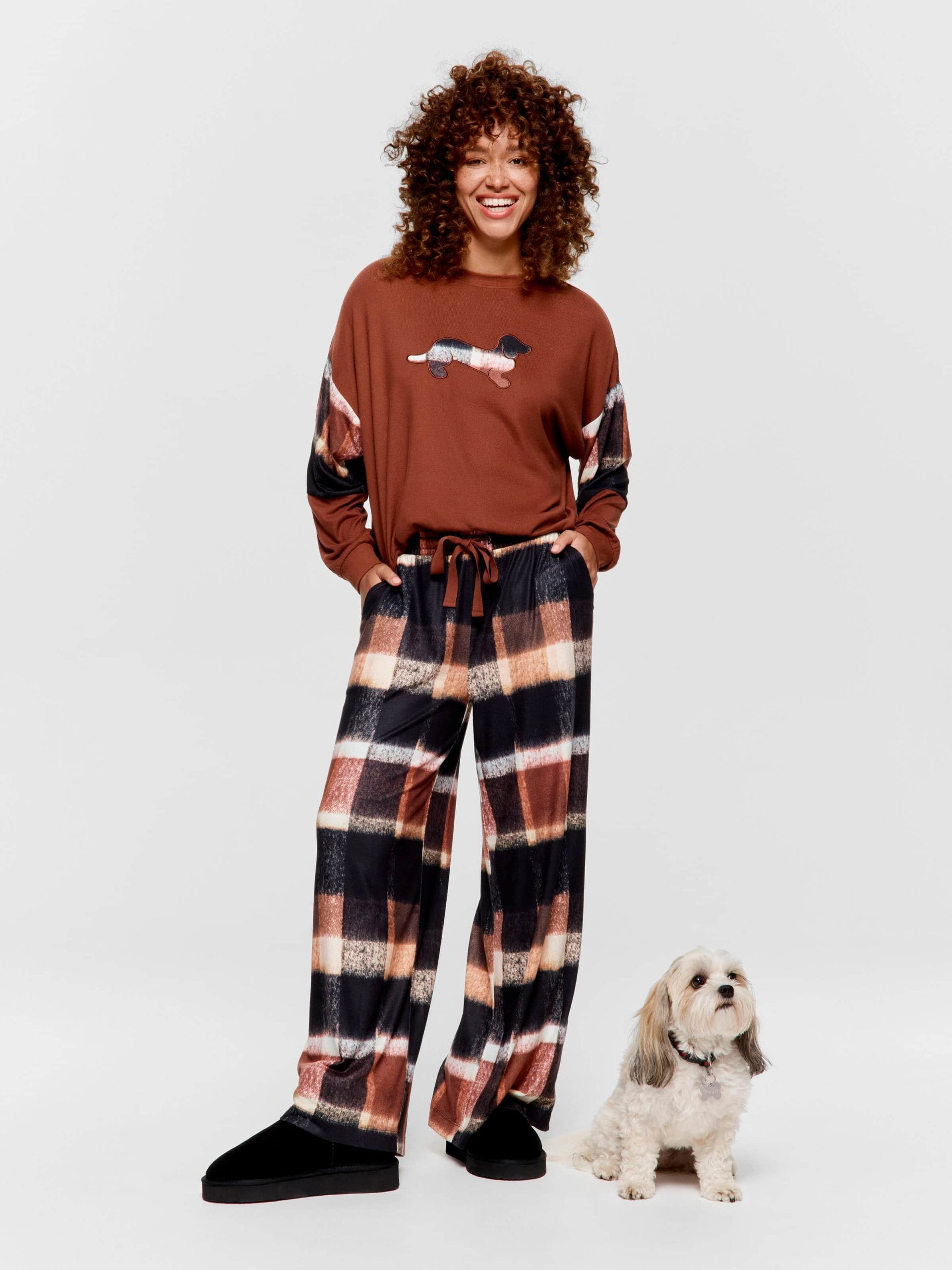 Brown Check Wide Leg Plush Pj Pant multi