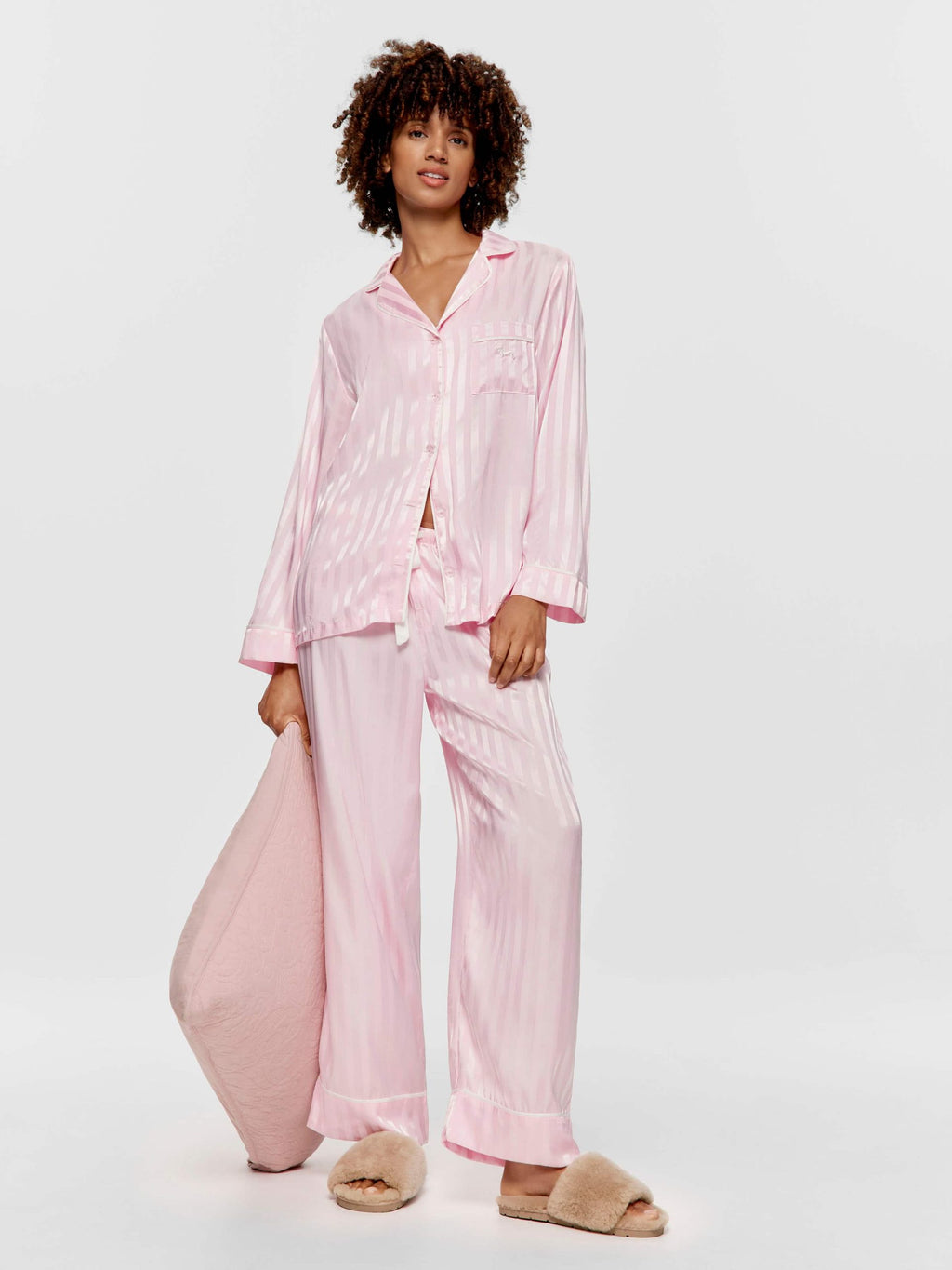 Long Pink Stripe Chic Satin Pj Set Pink