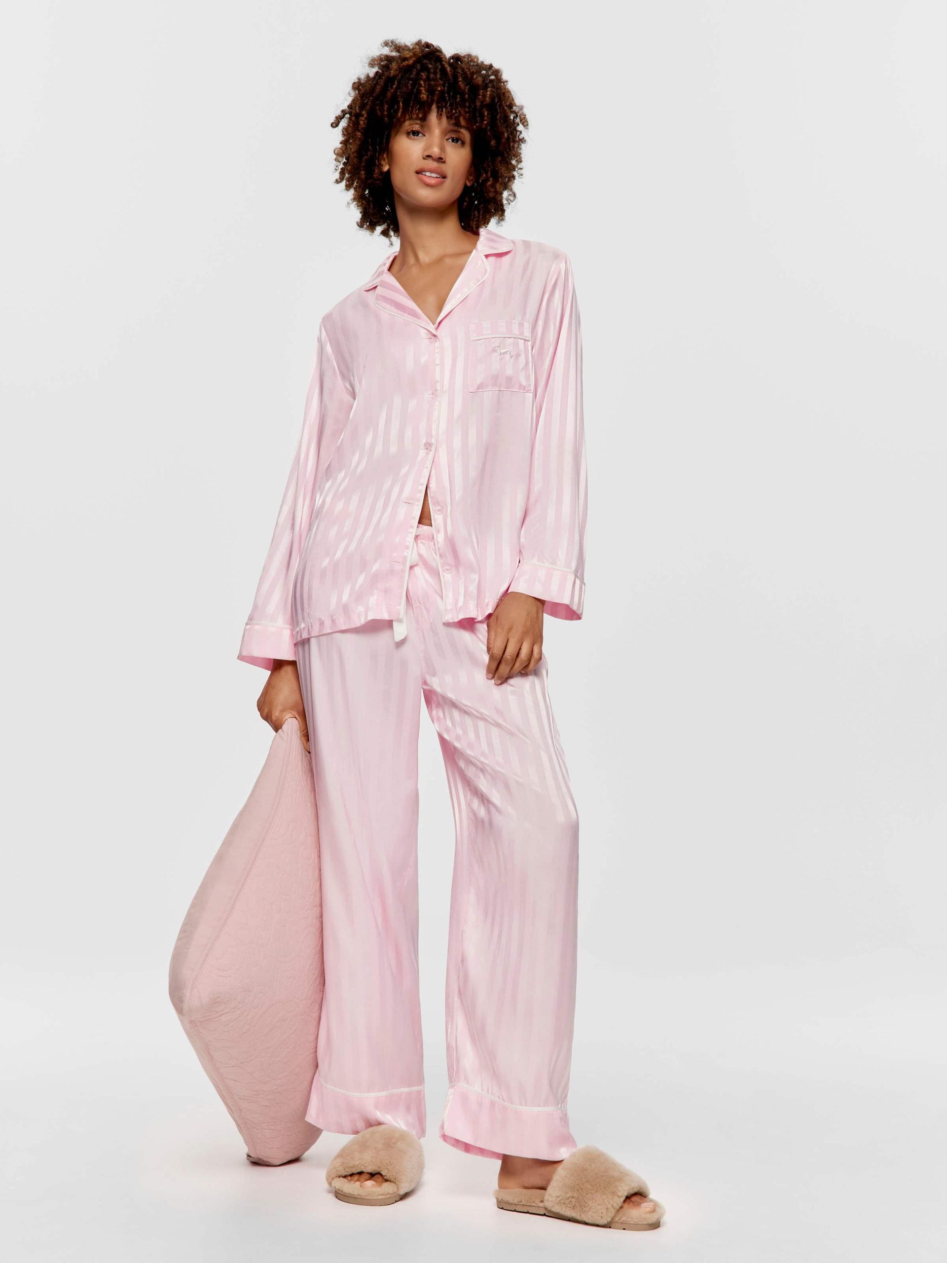 Long Pink Stripe Chic Satin Pj Set Pink