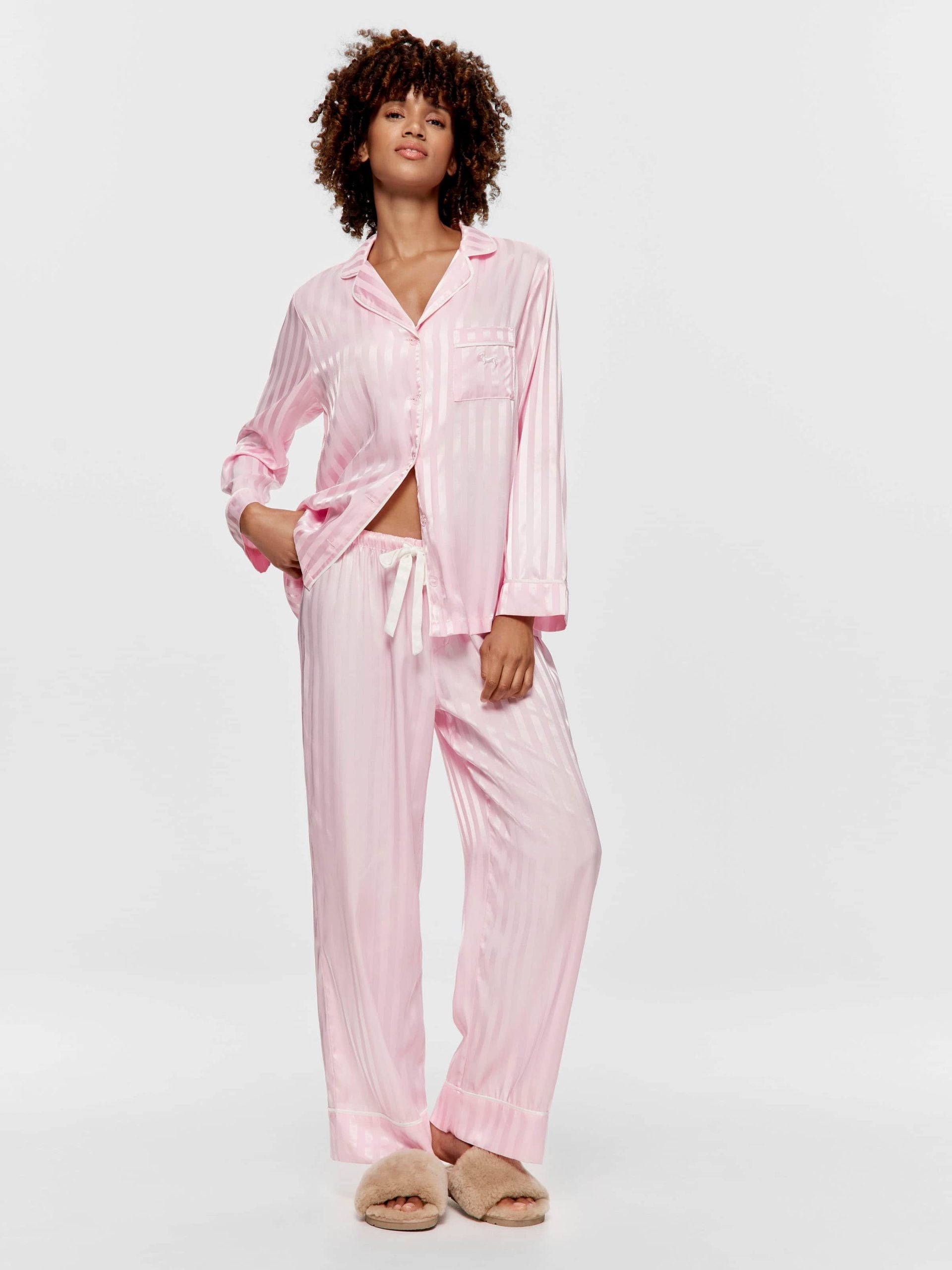 Long Pink Stripe Chic Satin Pj Set Pink