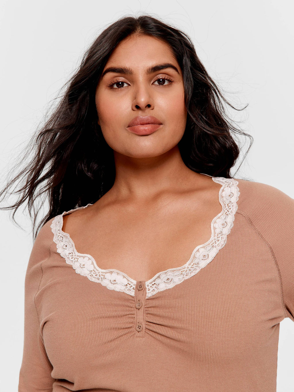 P.A. Plus Brown Lace Trim Bamboo Rib Henley Long Sleeve Top Brown