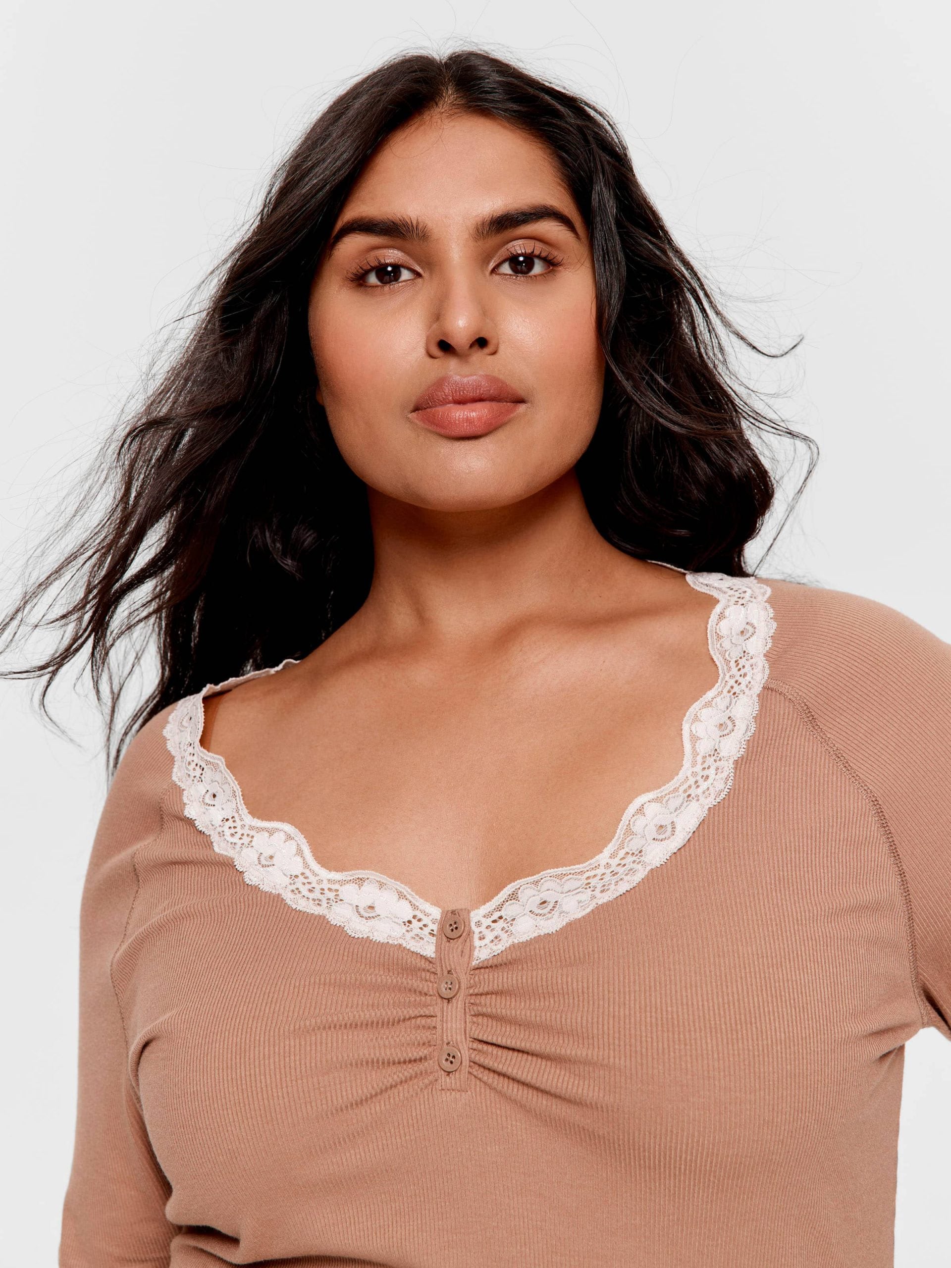 P.A. Plus Brown Lace Trim Bamboo Rib Henley Long Sleeve Top Brown