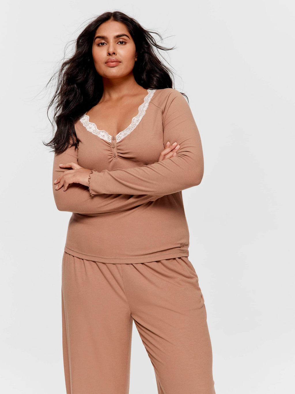 P.A. Plus Brown Lace Trim Bamboo Rib Henley Long Sleeve Top Brown