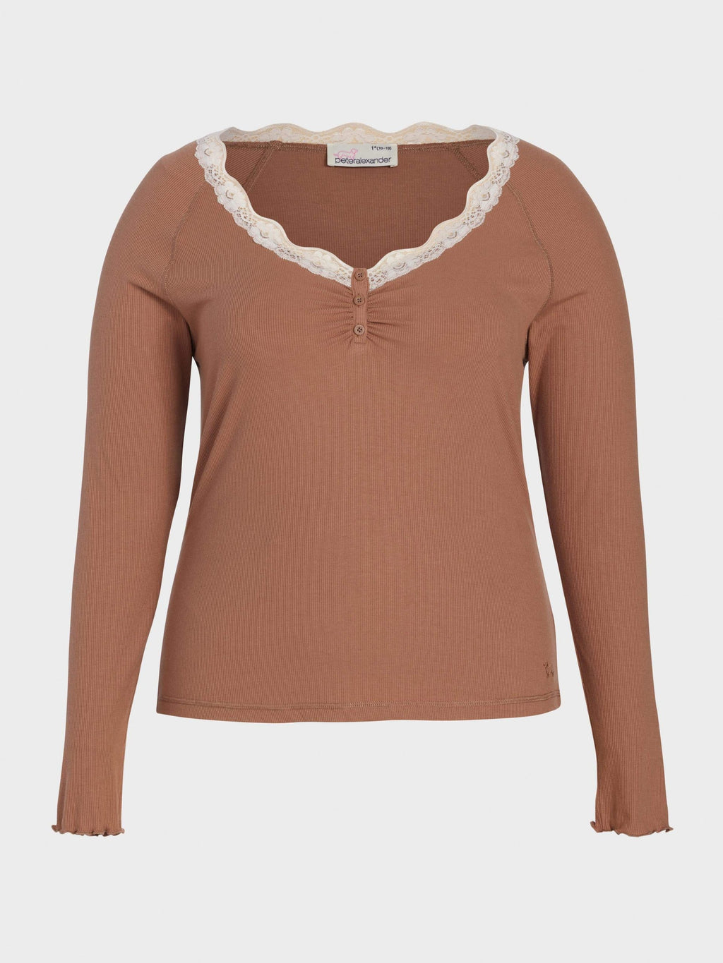 P.A. Plus Brown Lace Trim Bamboo Rib Henley Long Sleeve Top Brown