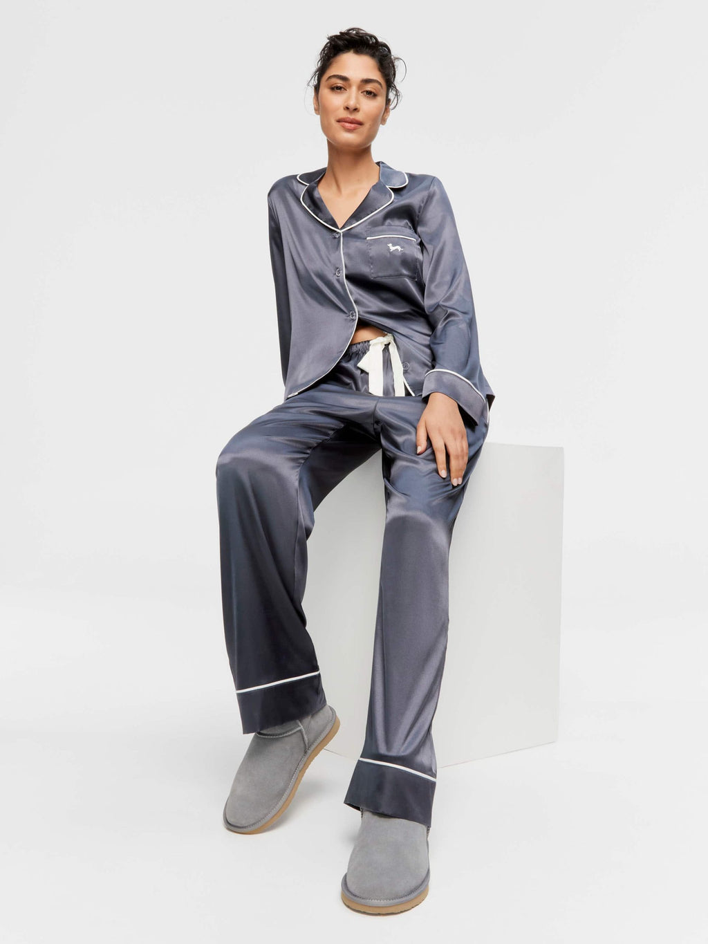 Charcoal Chic Satin Long Sleeve Pj Set charcoal