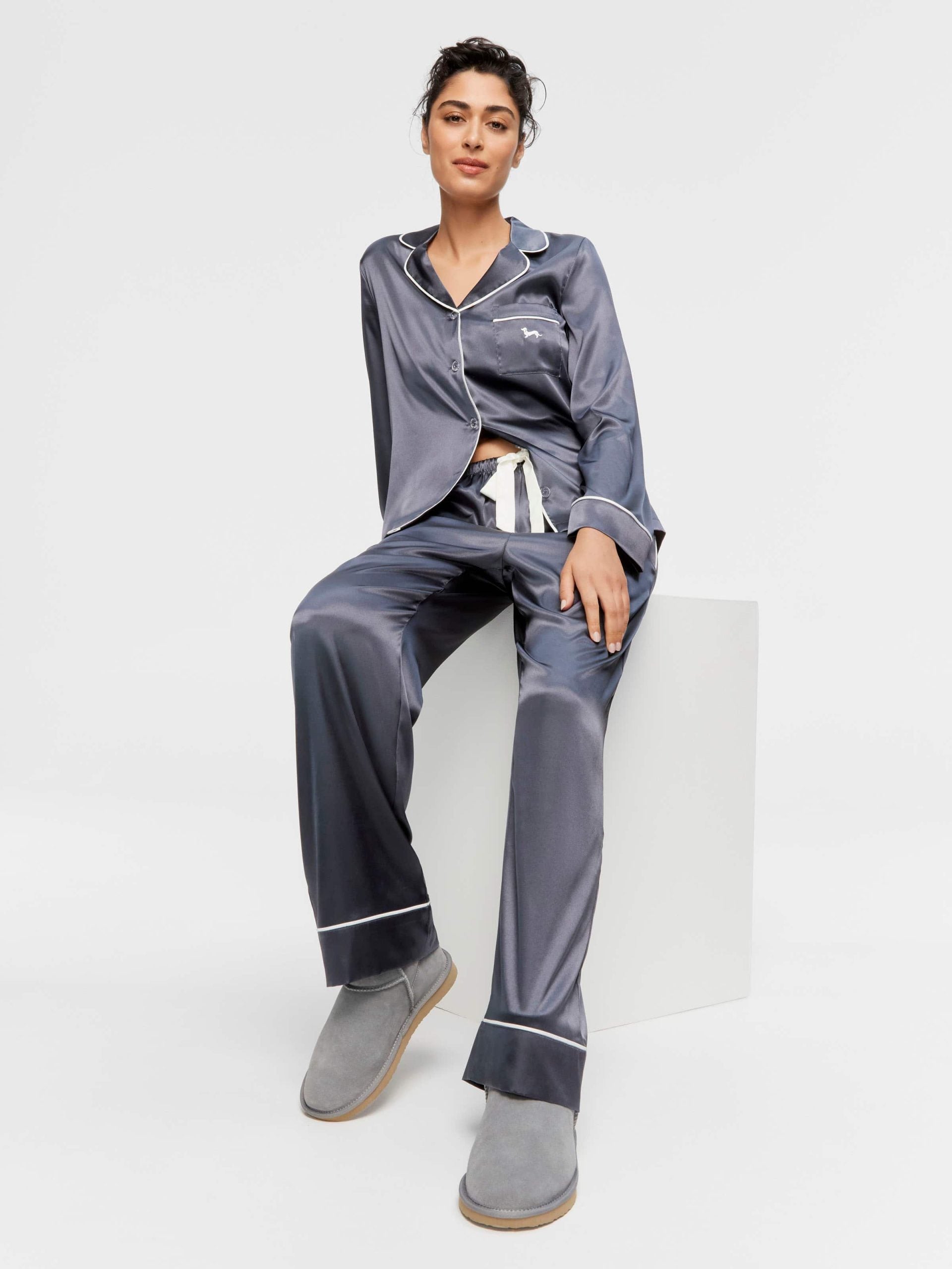 Charcoal Chic Satin Long Sleeve Pj Set charcoal