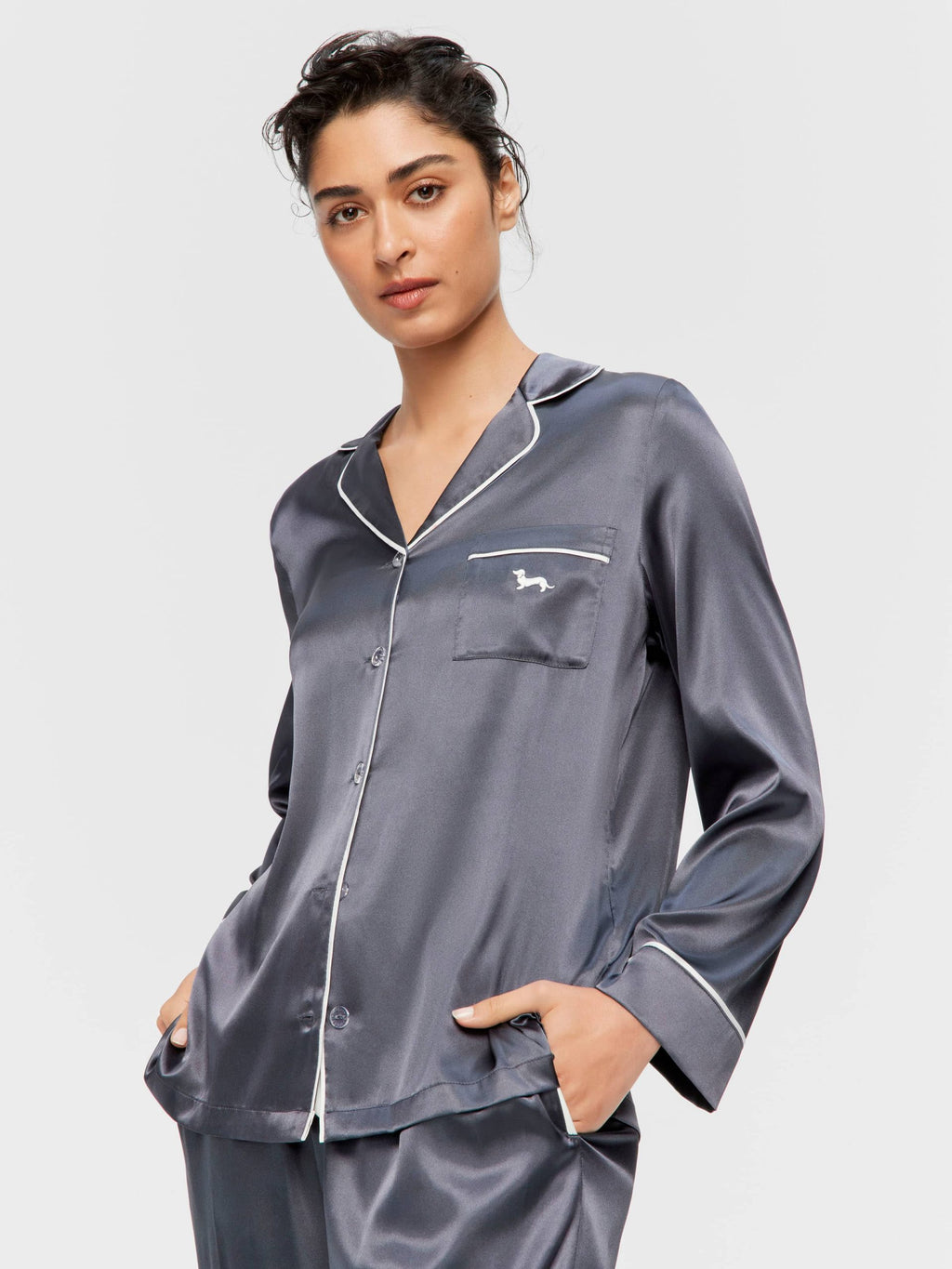 Charcoal Chic Satin Long Sleeve Pj Set charcoal