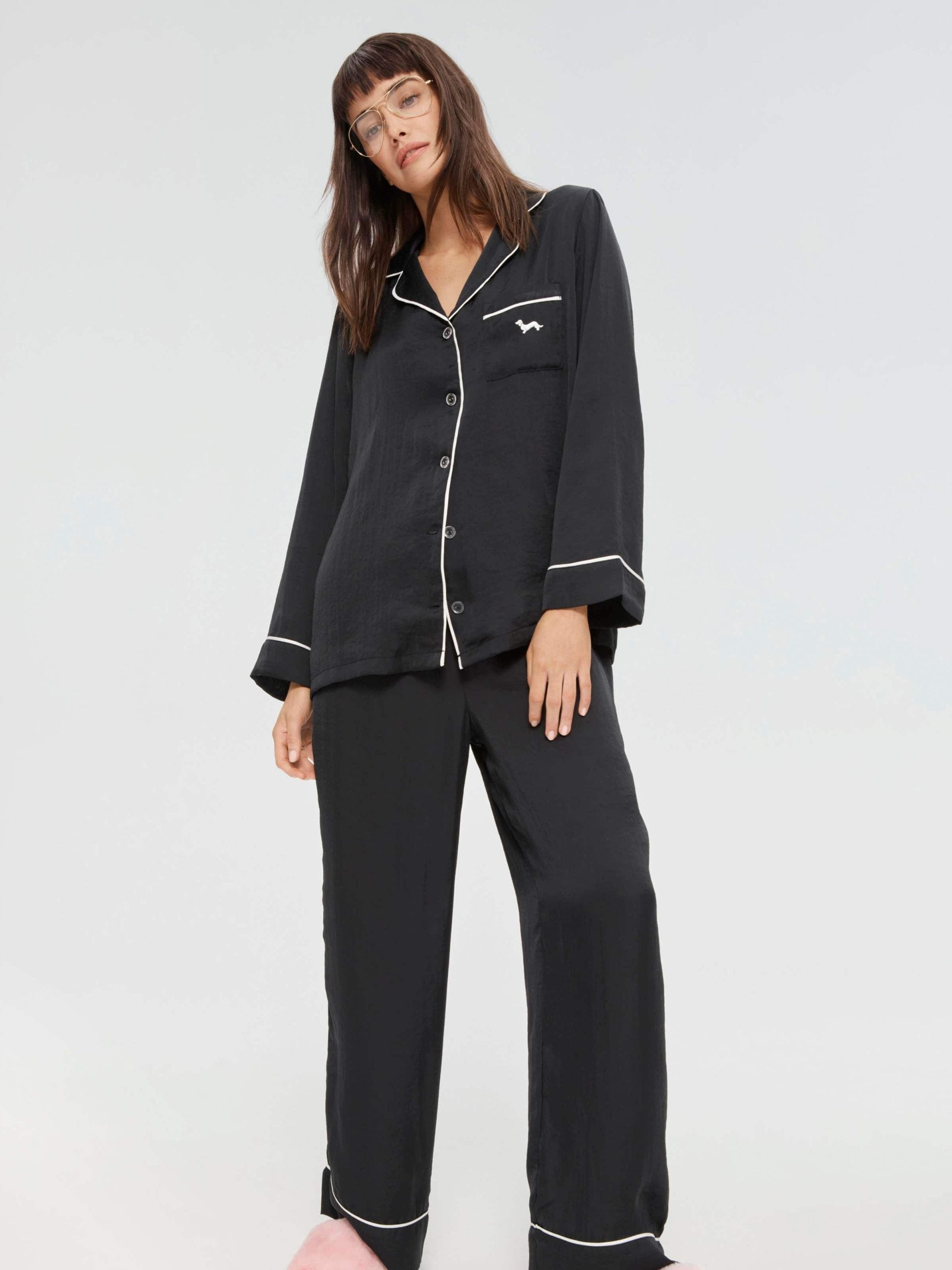Long Black Chic Satin Pj Set black