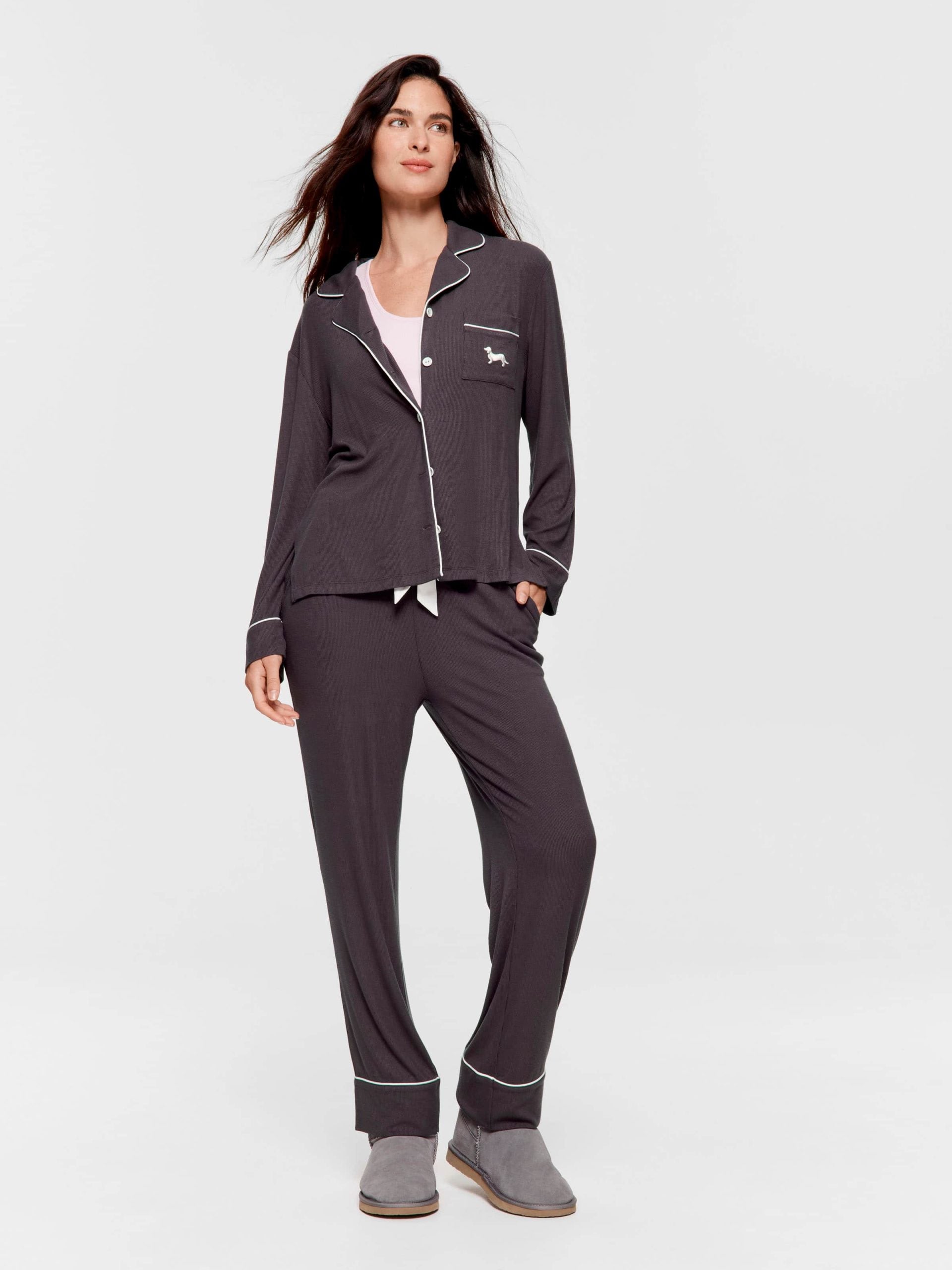 Charcoal Bamboo Rib Long Pj Set Charcoal