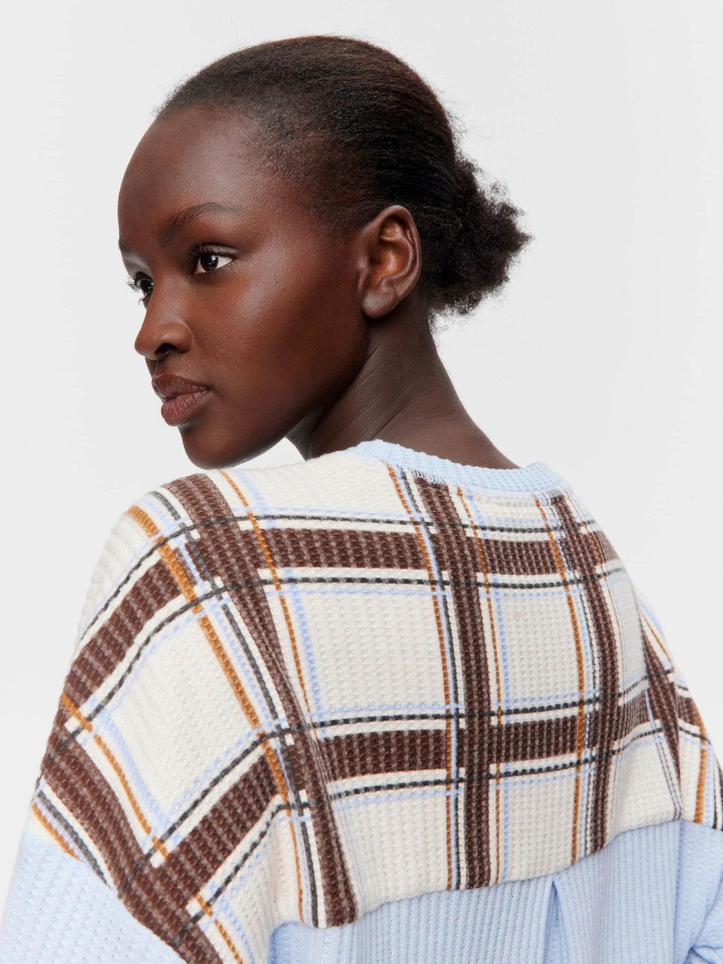 Brushed Waffle Check Oversized Long Sleeve Top Blue