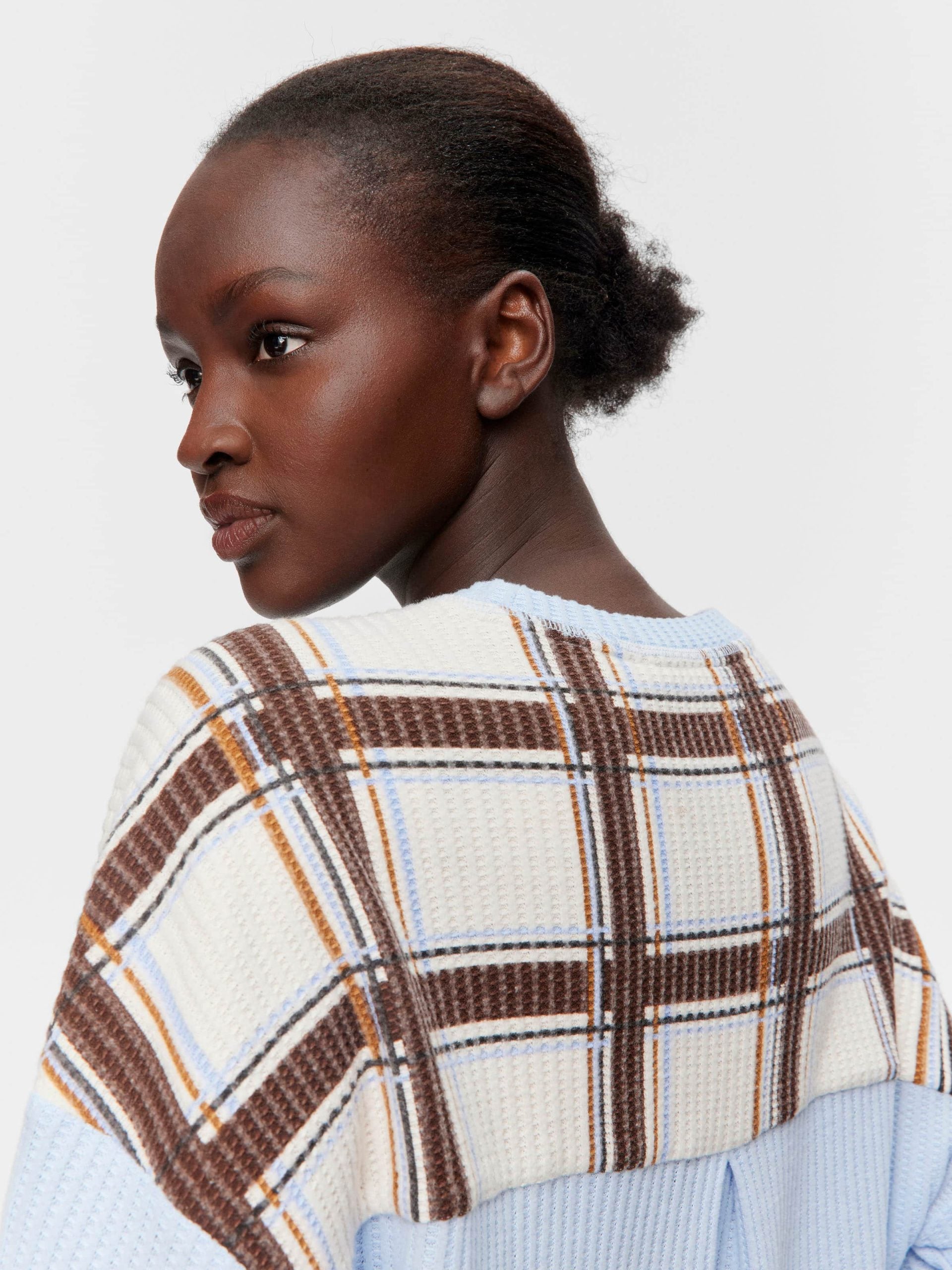 Brushed Waffle Check Oversized Long Sleeve Top Blue