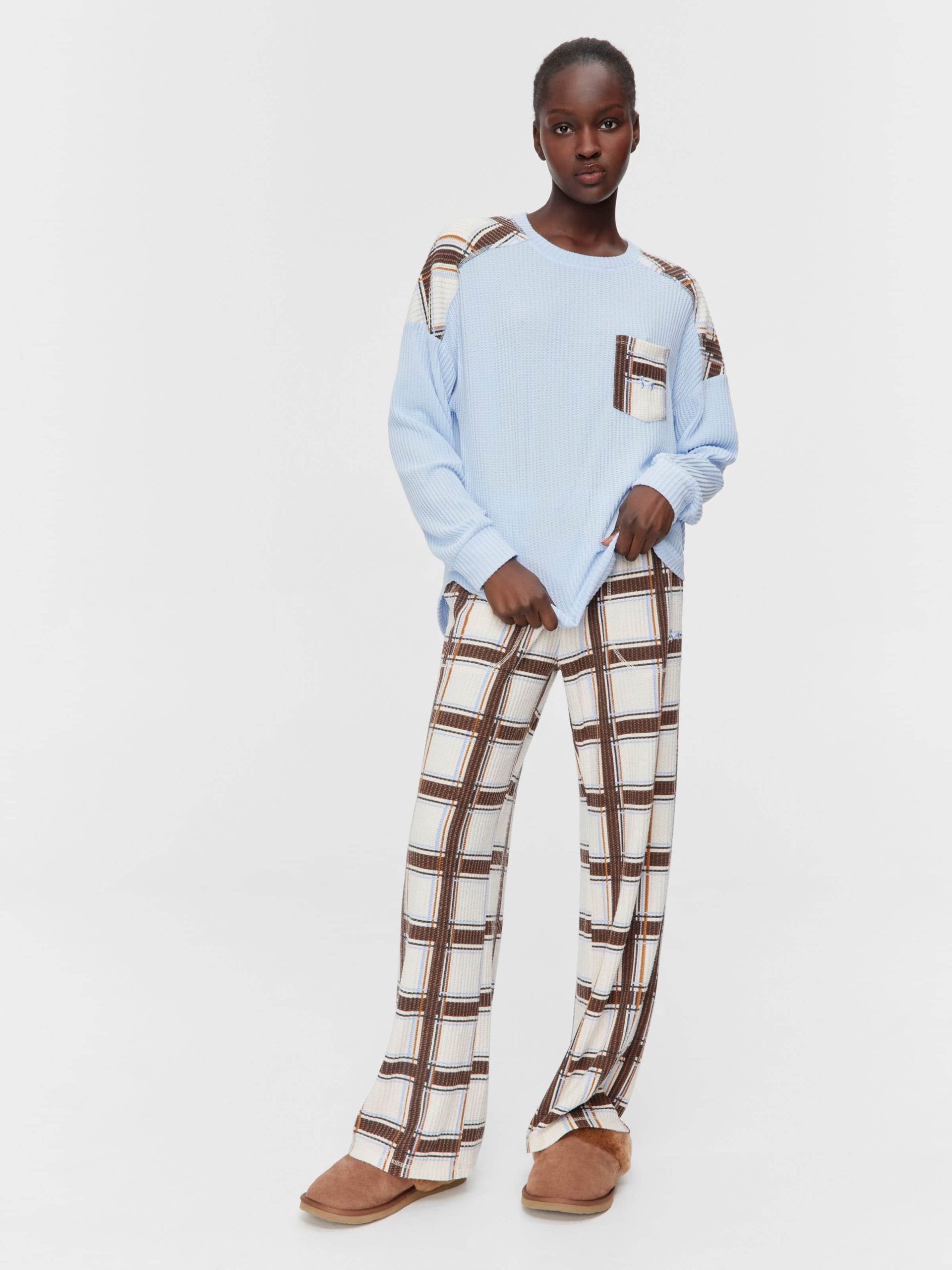 Brushed Waffle Check Oversized Long Sleeve Top Blue