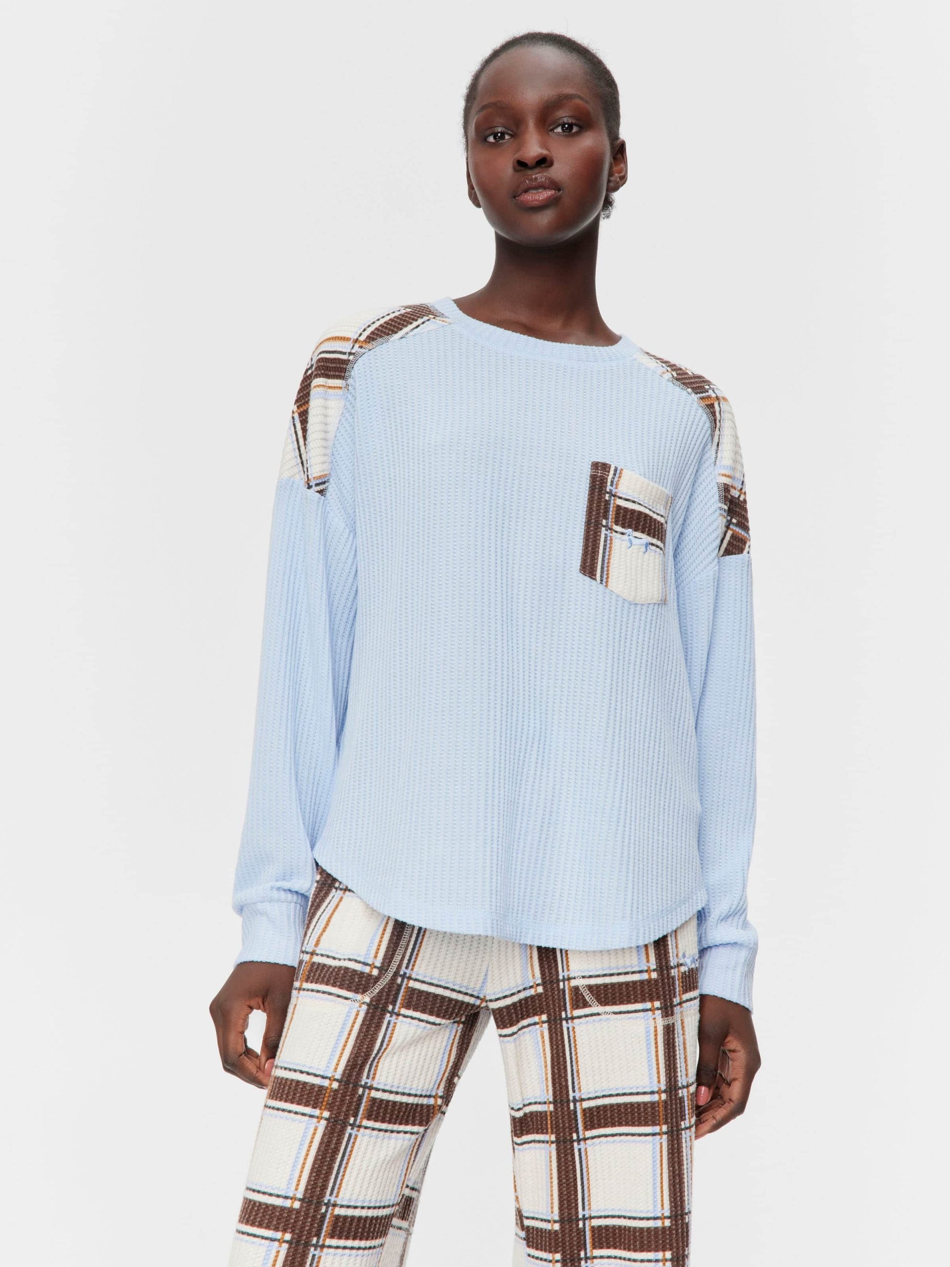 Brushed Waffle Check Oversized Long Sleeve Top Blue