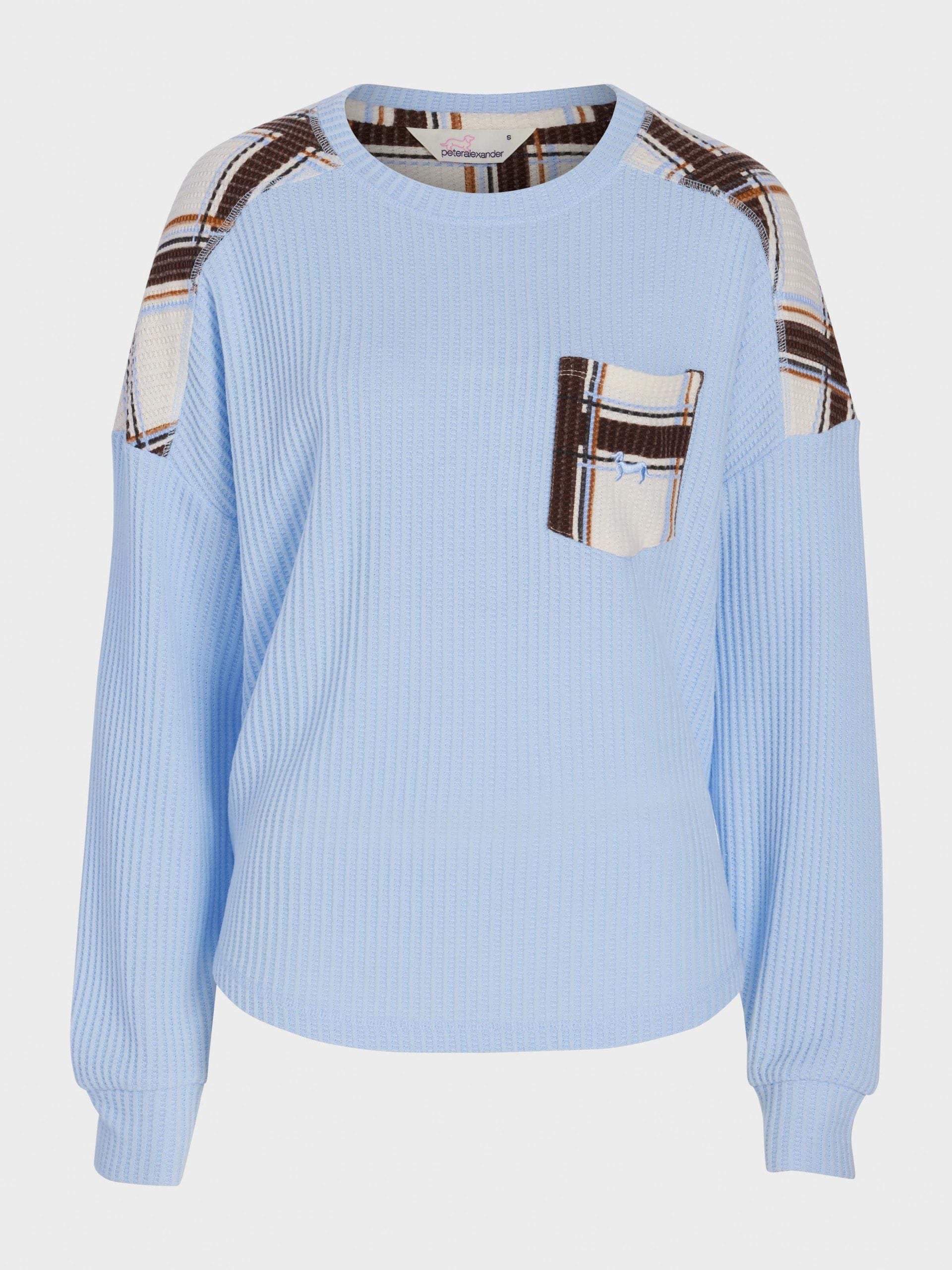 Brushed Waffle Check Oversized Long Sleeve Top Blue