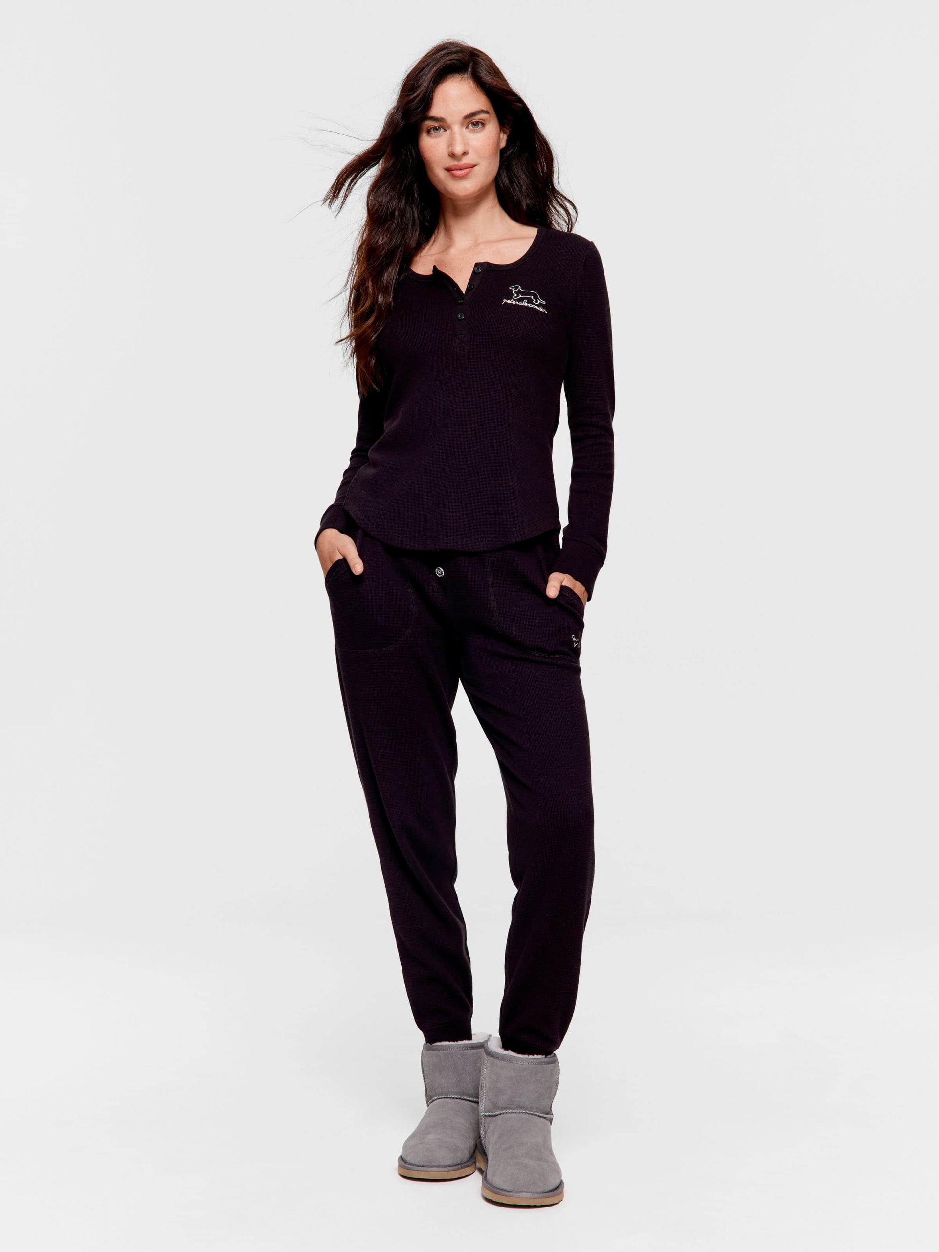 Black Waffle Henley Long Sleeve Top Black