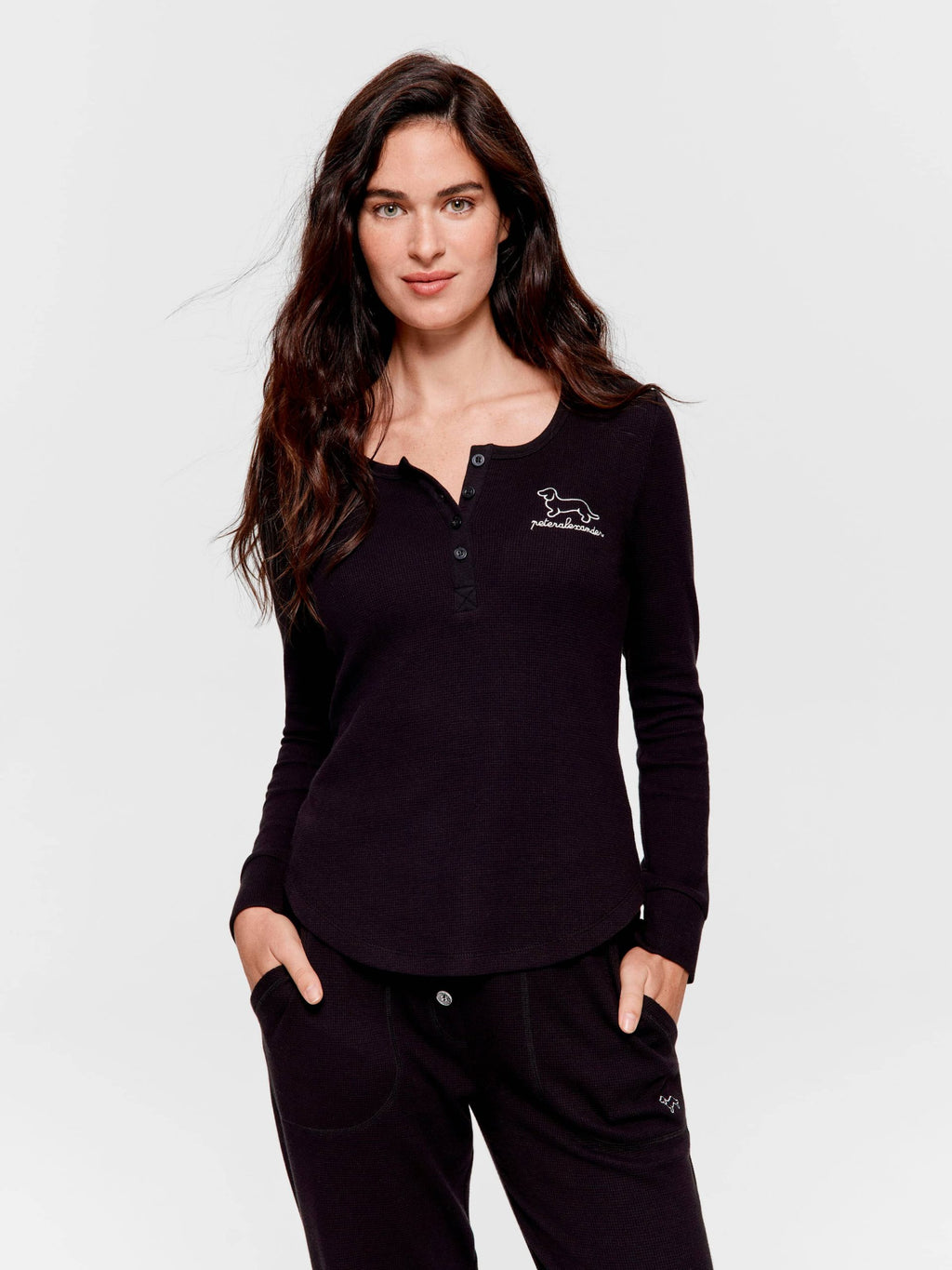 Black Waffle Henley Long Sleeve Top Black