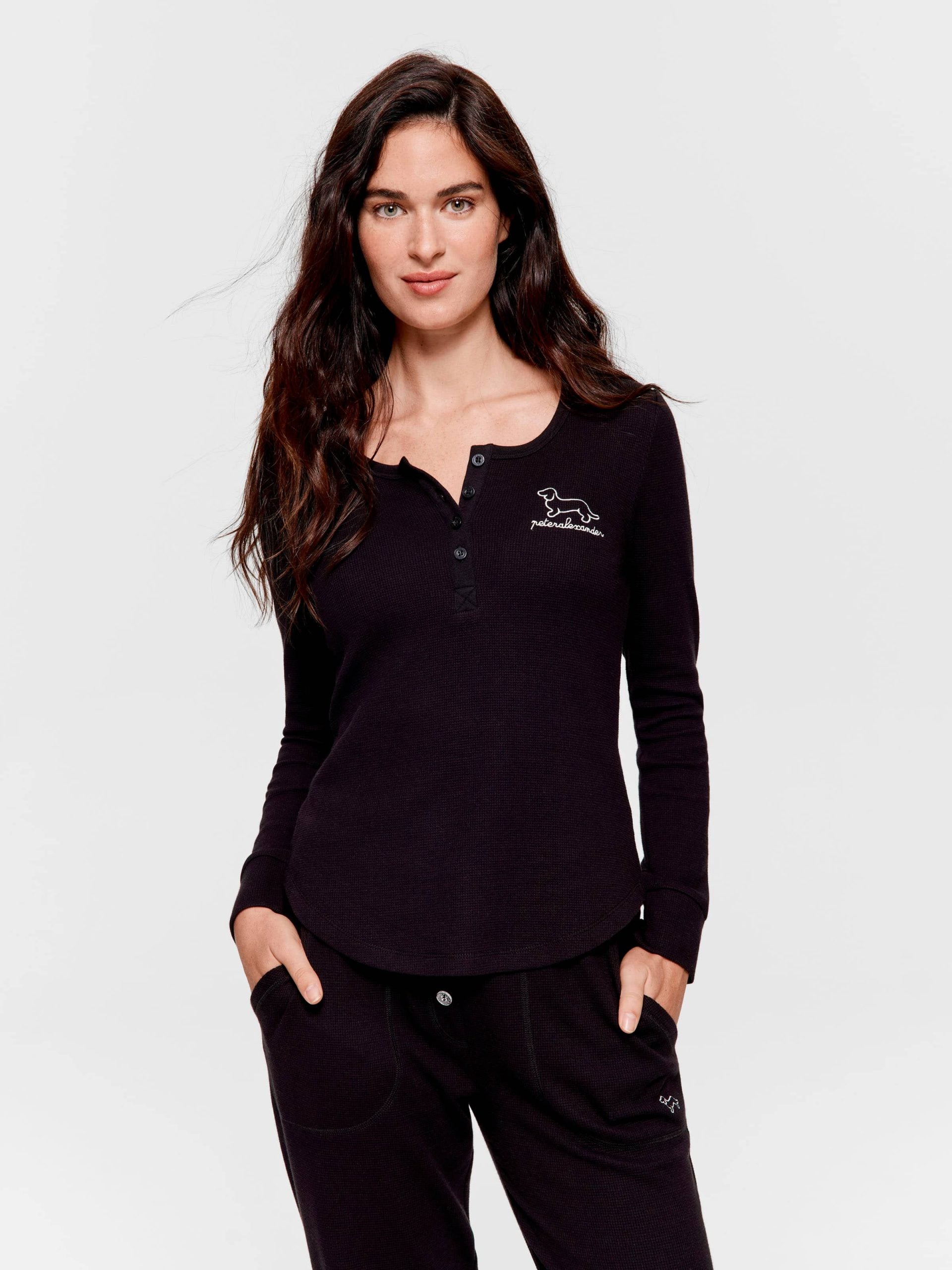 Black Waffle Henley Long Sleeve Top Black