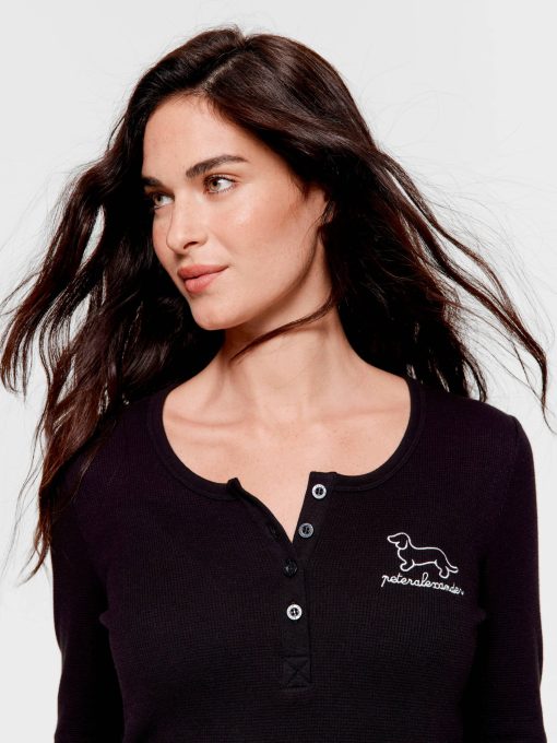 Black Waffle Henley Long Sleeve Top Black