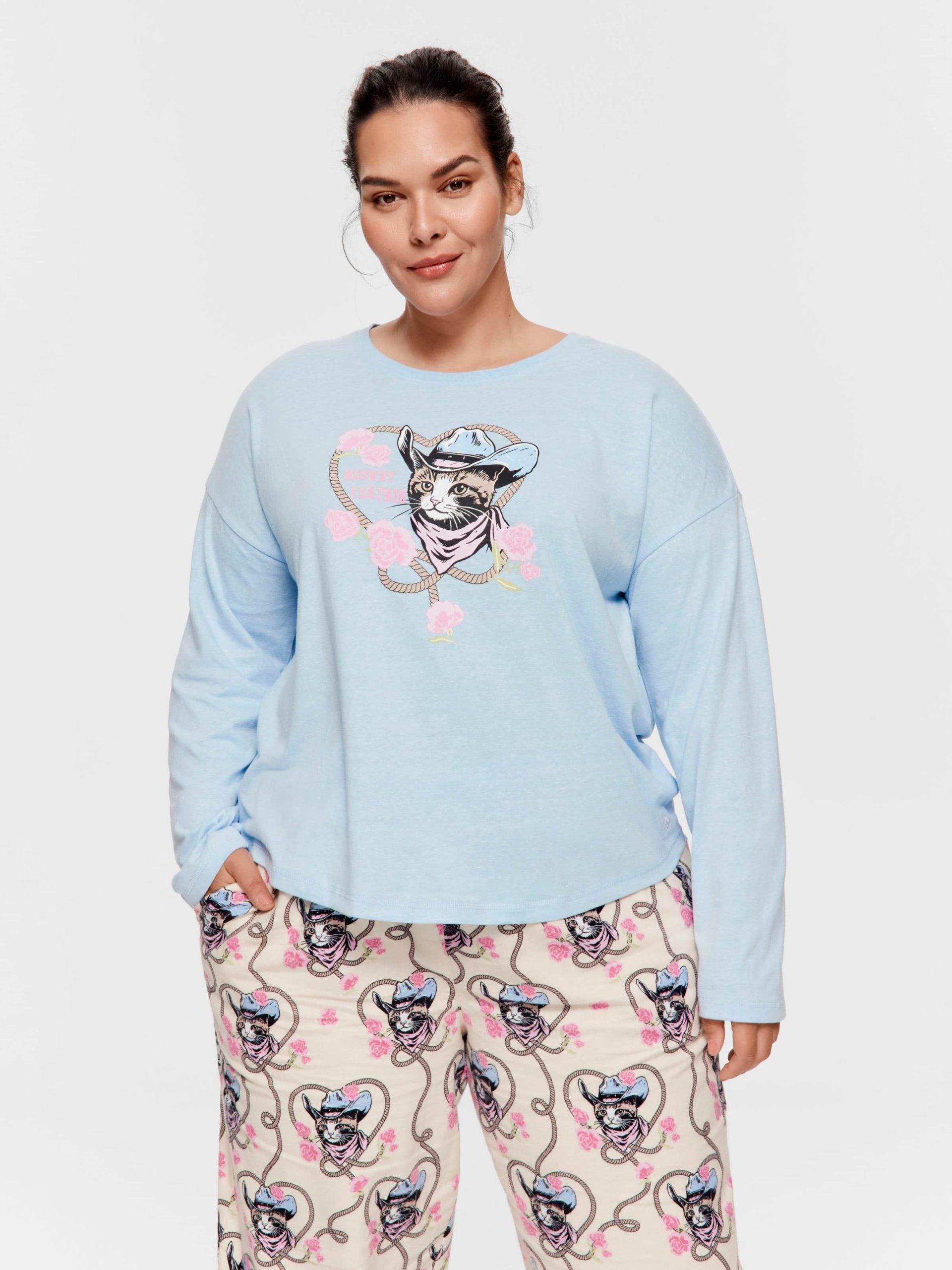 P.A. Plus Cowboy Kitty Long Sleeve Top Pale Blue