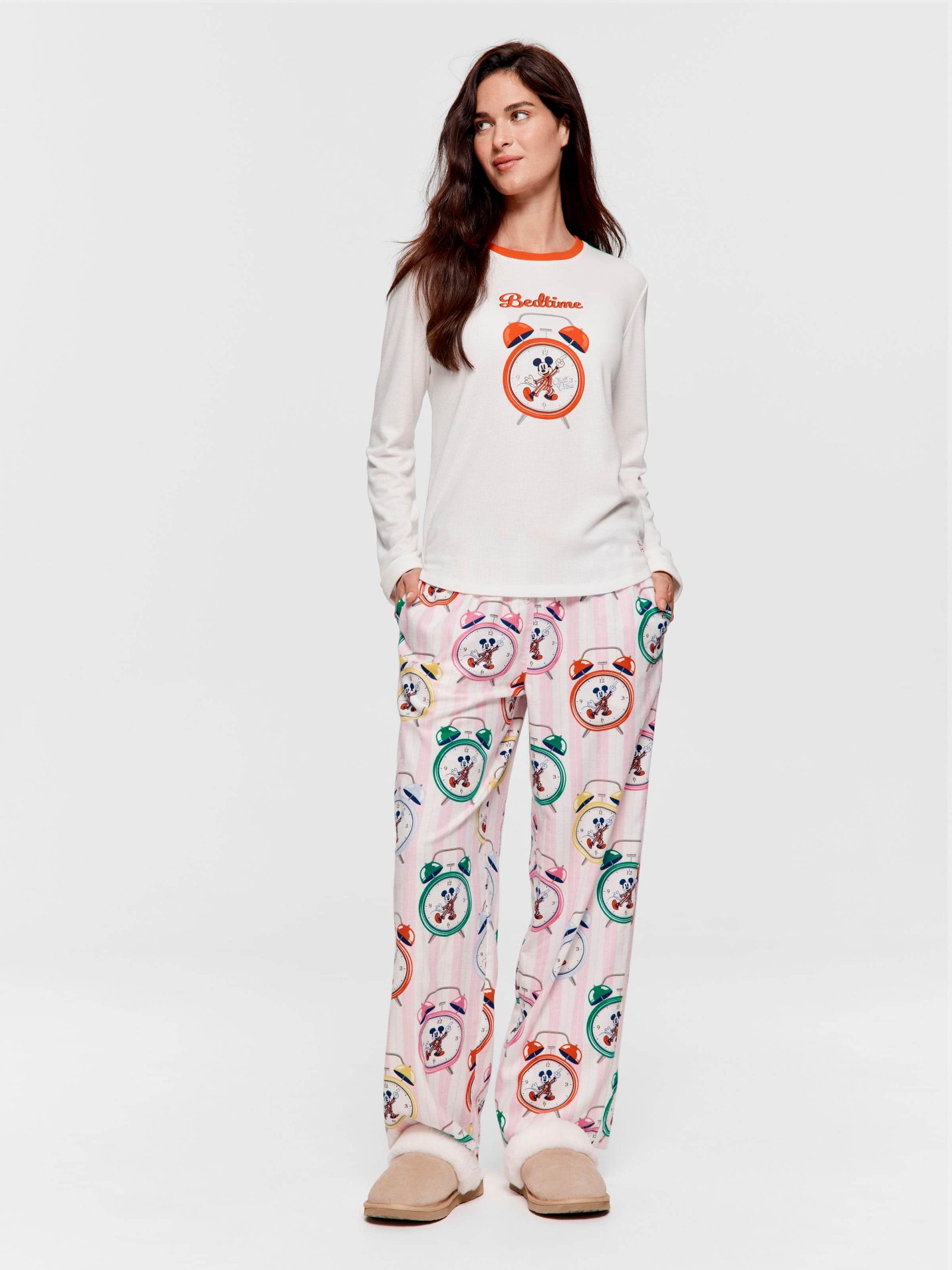 Wake Up Mickey Mouse Waffle Long Sleeve Top Cream