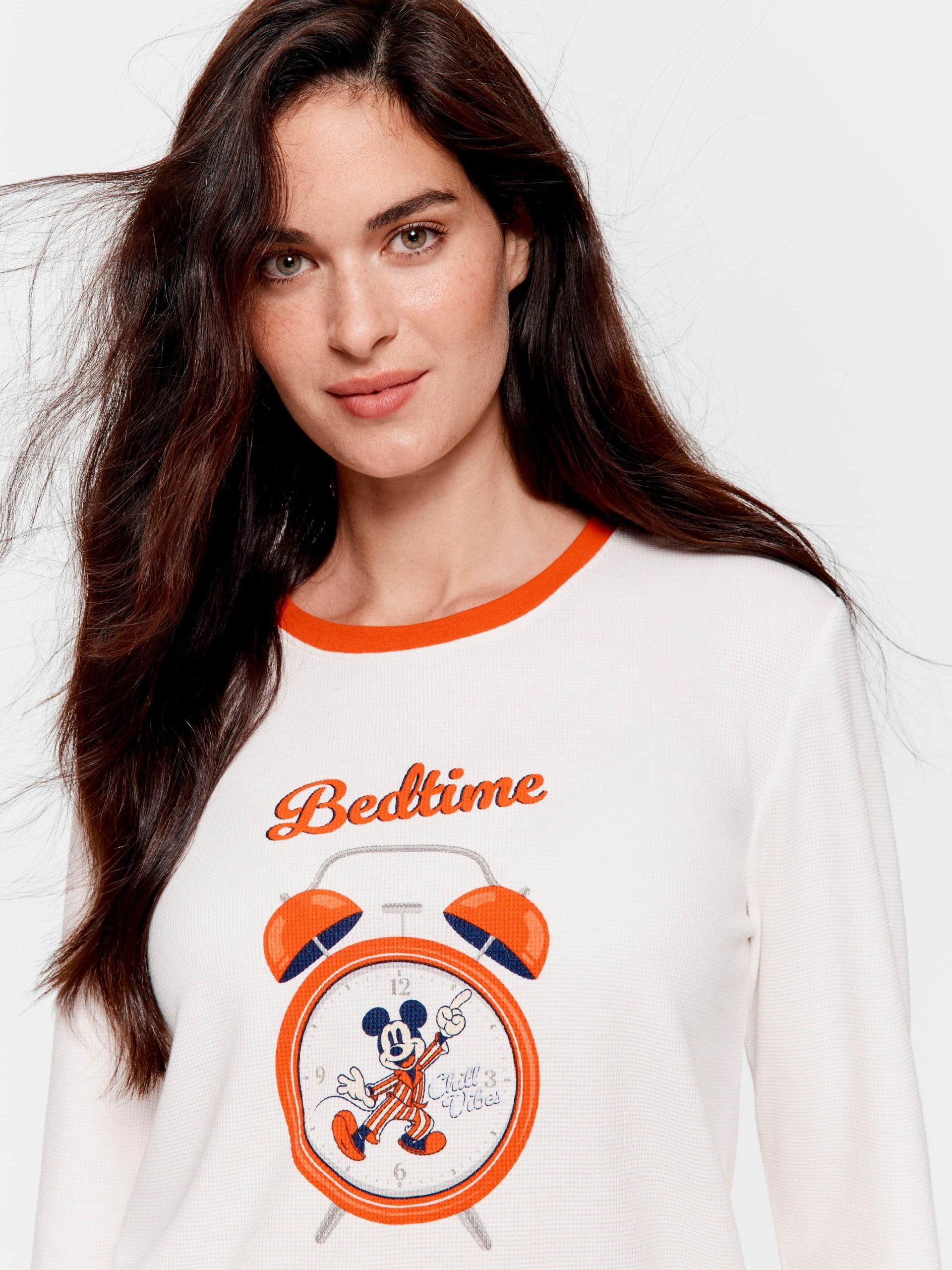 Wake Up Mickey Mouse Waffle Long Sleeve Top Cream