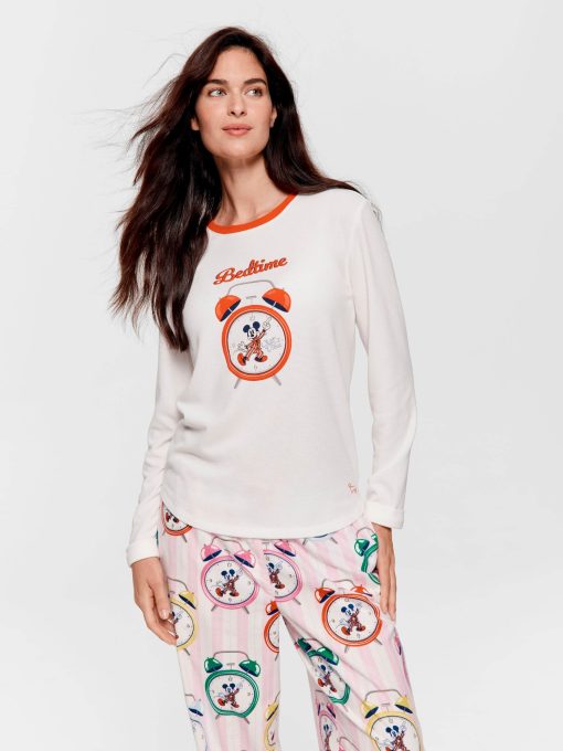 Wake Up Mickey Mouse Waffle Long Sleeve Top Cream