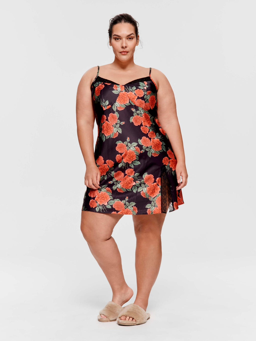 P.A. Plus Rose Lace Trim Satin Slip Nightie Multi