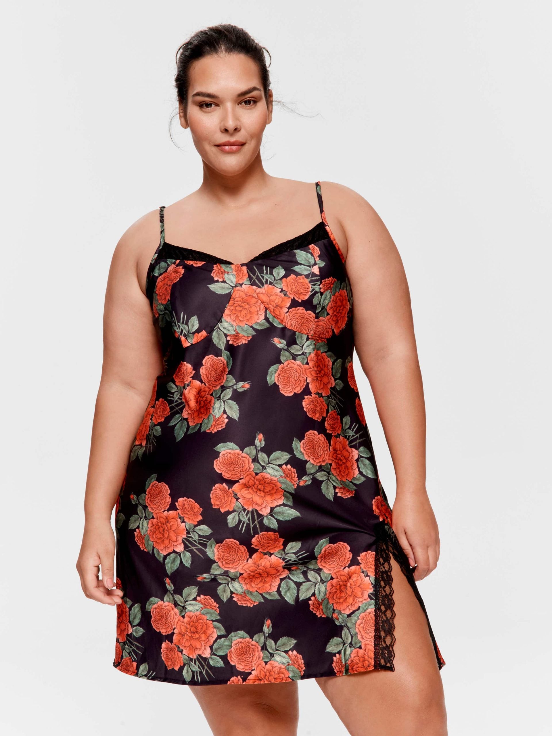 P.A. Plus Rose Lace Trim Satin Slip Nightie Multi