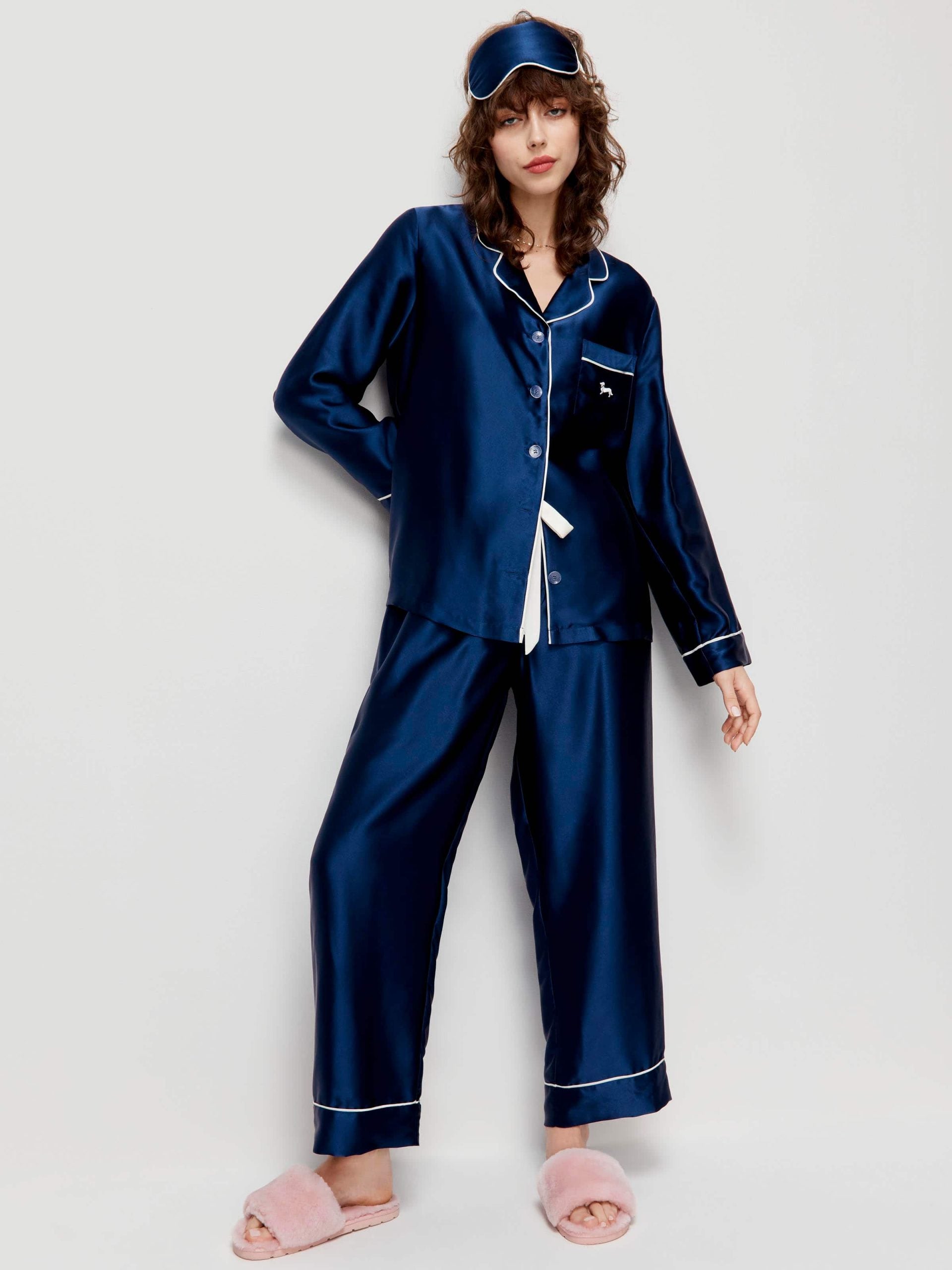 Navy Mulberry Silk Pj Set With Eye Mask navy