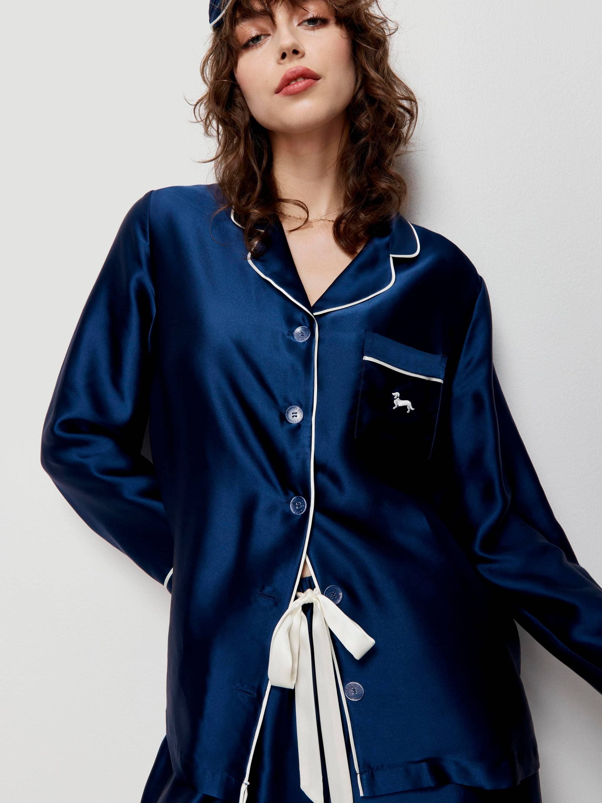 Navy Mulberry Silk Pj Set With Eye Mask navy