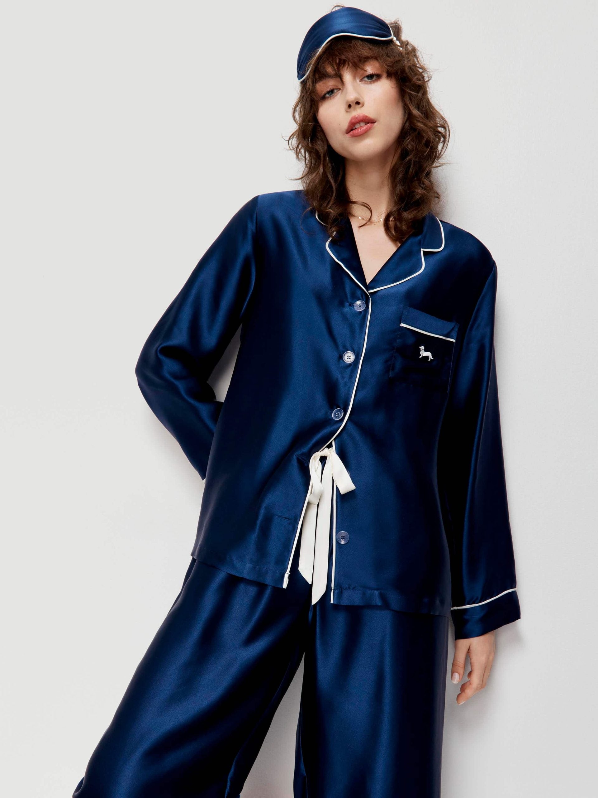 Navy Mulberry Silk Pj Set With Eye Mask navy