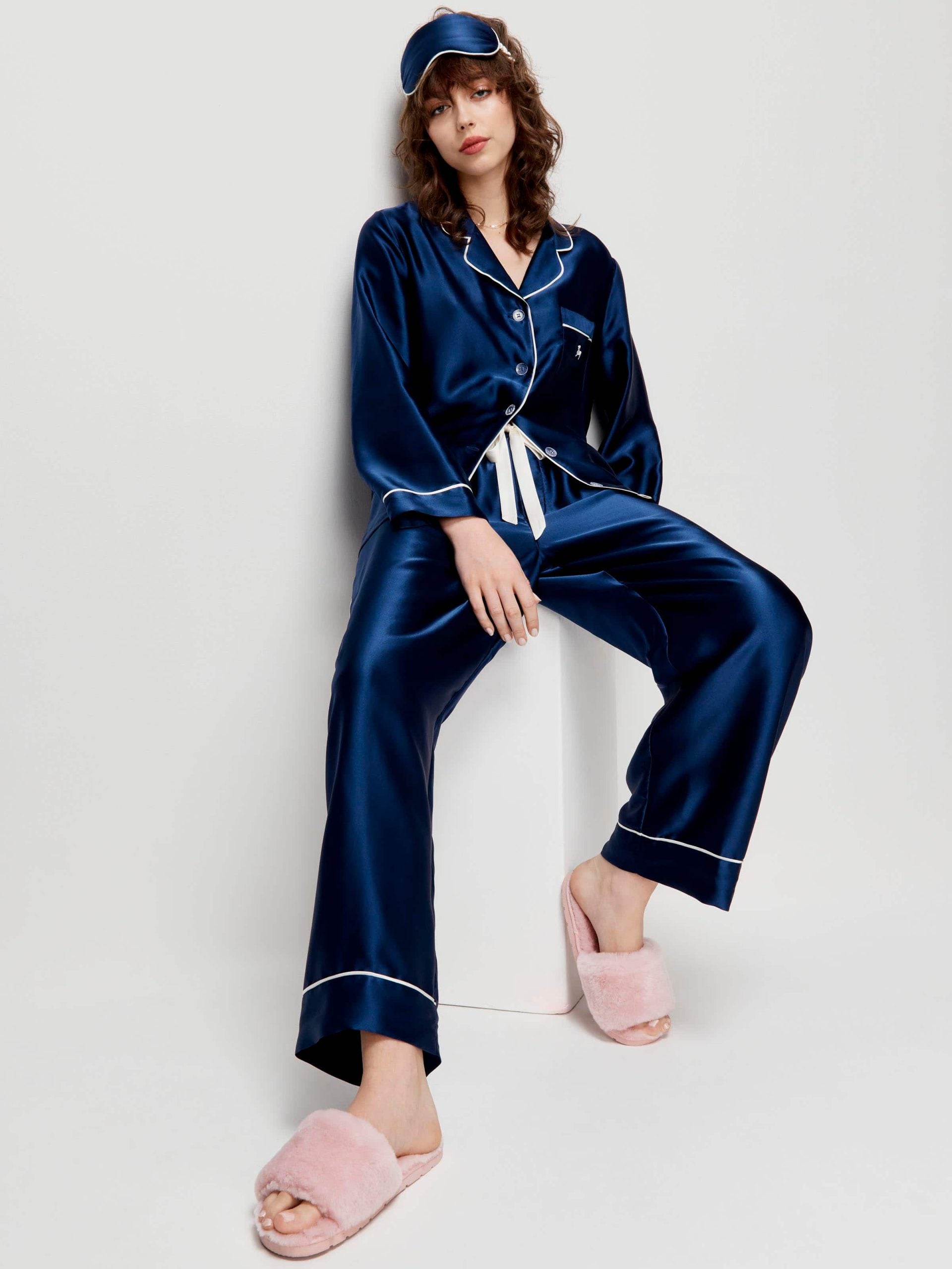 Navy Mulberry Silk Pj Set With Eye Mask navy
